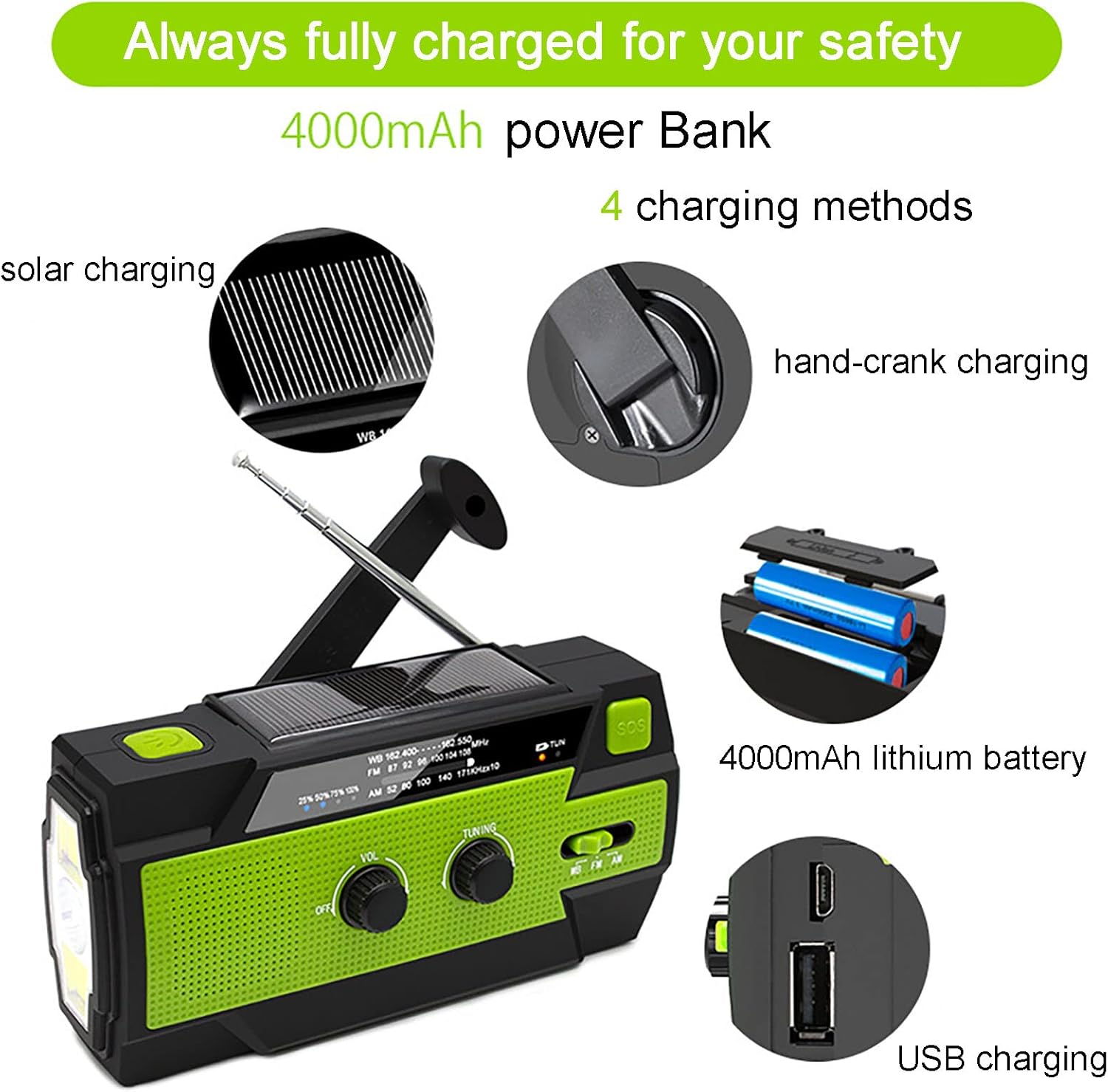 Radio z korbką ręczną 4000 mAh na energię słoneczną, zielone – przenośne radio survivalowe – powerbank solarny – radio na plac budowy – z latarką i al - 7