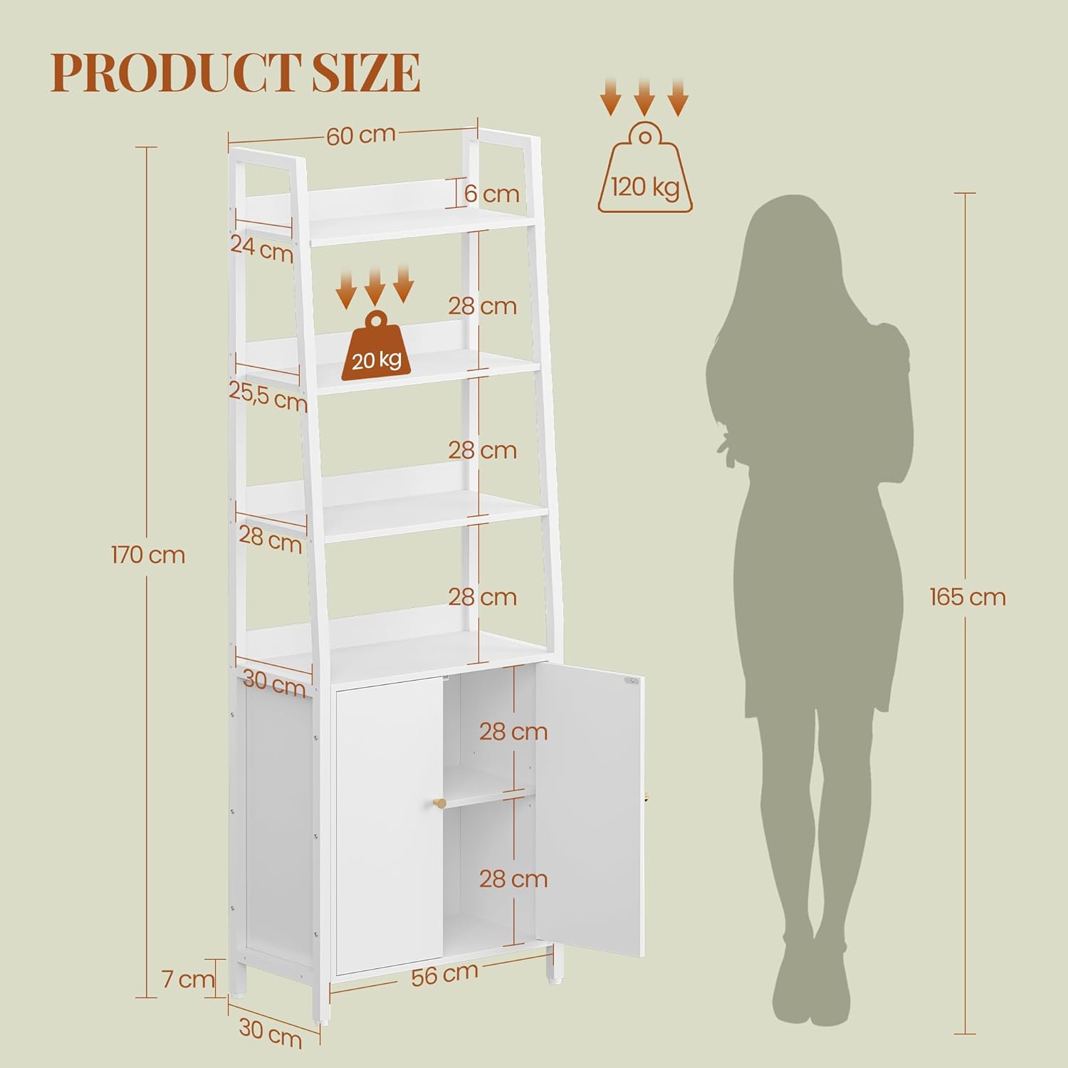 Libreria Scaffale a 6 Ripiani con Ante, Libreria Verticale a Scaletta, Librerias con 4 Ripiani Aperti,Struttura in Acciaio,Ripiani Regolabili,Bianco - 8
