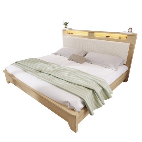 Lit adulte Lit double 180x200 cm avec tête de lit rangement et éclairage LED - Rétro en tissu - Structure bois -beige - 9