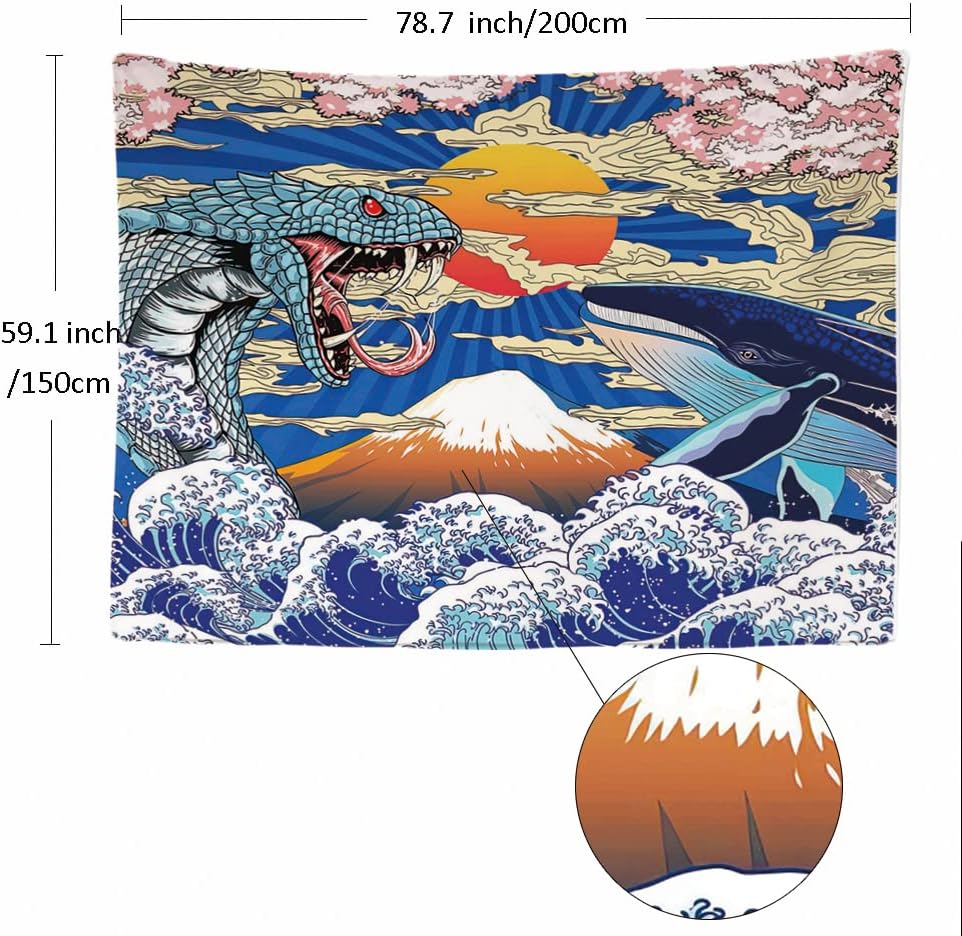 Gobelin ścienny z japońskim wzorem wieloryba i węża, 200 x 150 cm, duży gobelin, plakat, tkanina, dodatki do sypialni, salonu i akademika. - 3