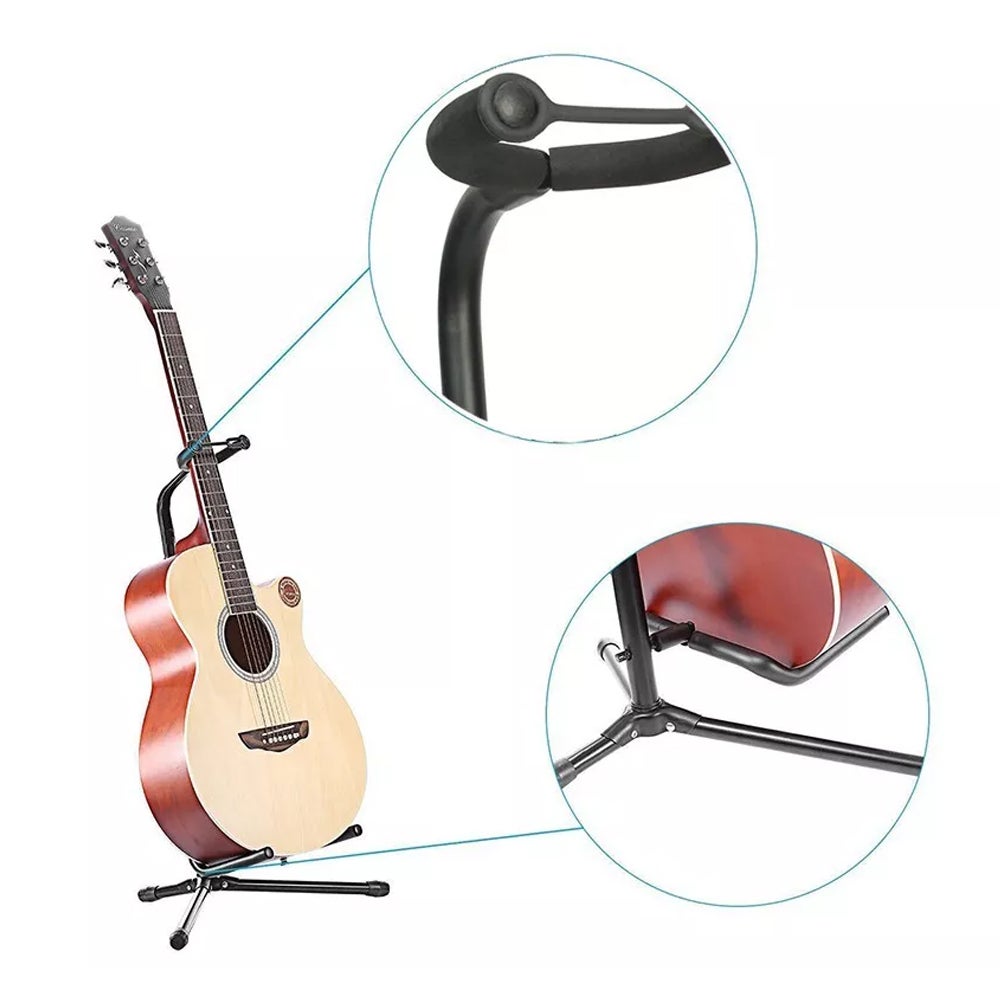 Składany pionowy stojak na pojedynczą gitarę, metalowy statyw basowy, wyściełany stojak podłogowy, czarny - 4