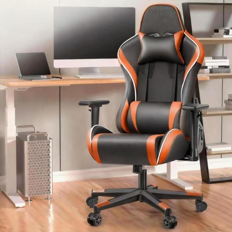 Chaise gaming ergonomique réglable en hauteur avec appui-tête et soutien lombaire, fauteuil bureau pivotant noir/orange - 2