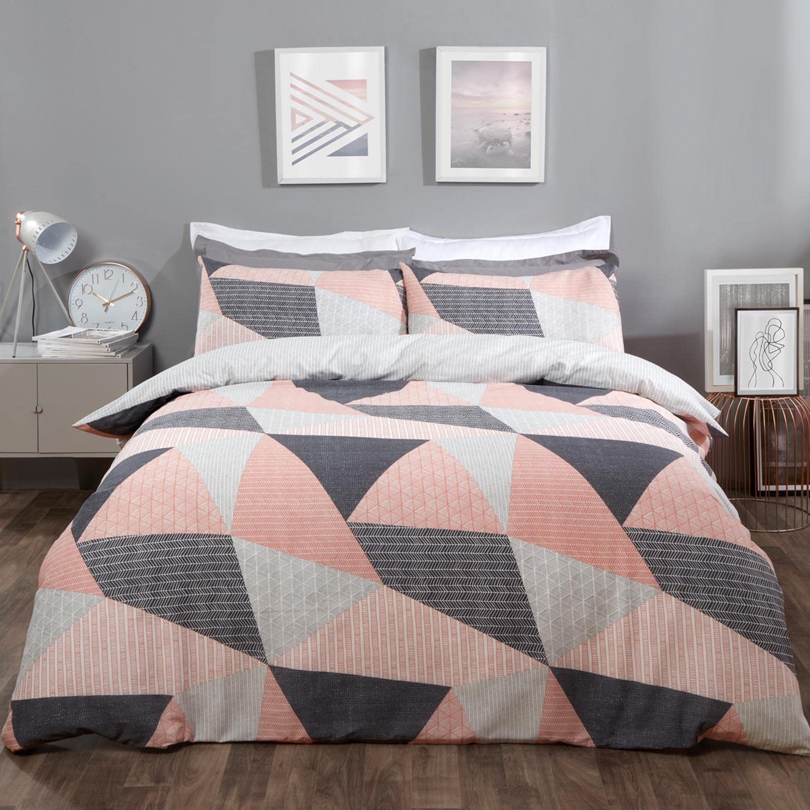 Dreamscene - Set copripiumino geometrico con federe, set di biancheria da letto ruvido in stile scandinavo, color rosa cipria, matrimoniale - 3