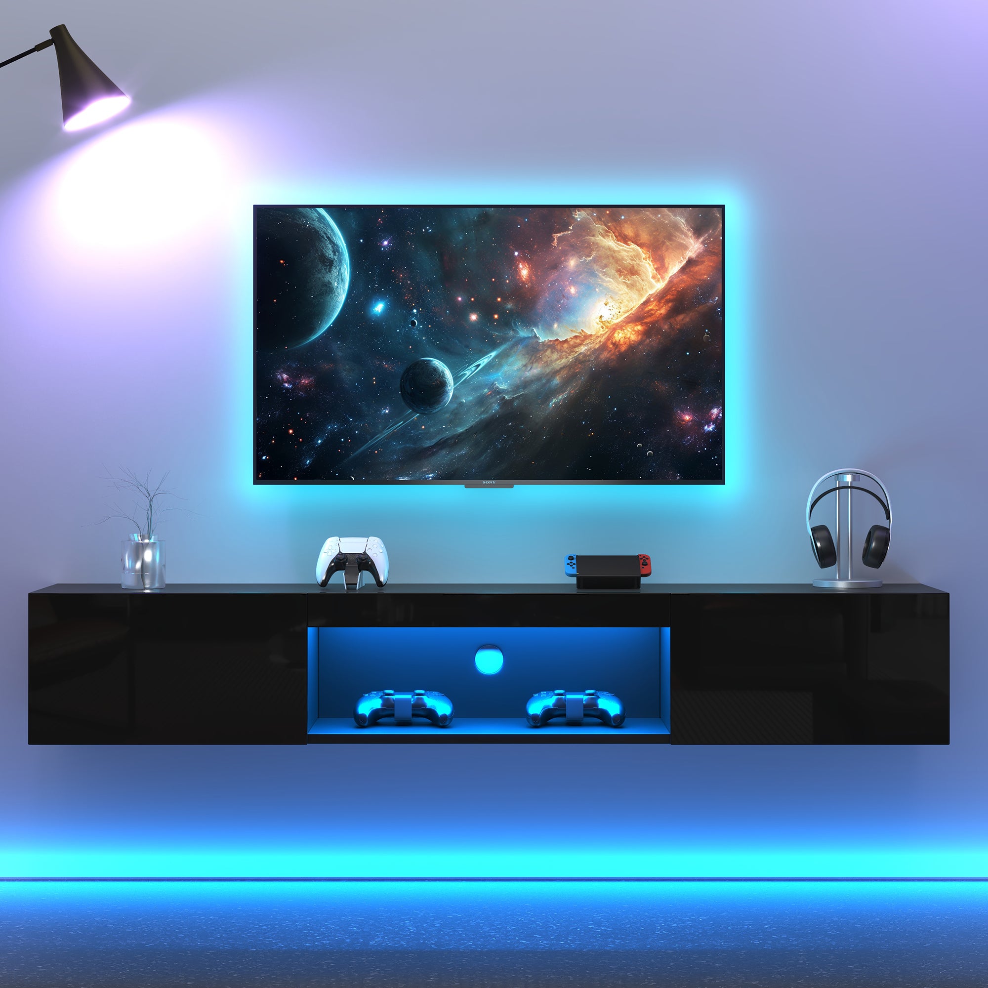 Szafka ścienna pod telewizor z 2 drzwiami i otwartą przegrodą - 160 x 31 x 22 cm - Oświetlenie LED - Płyta wiórowa - Czarny połysk - 4