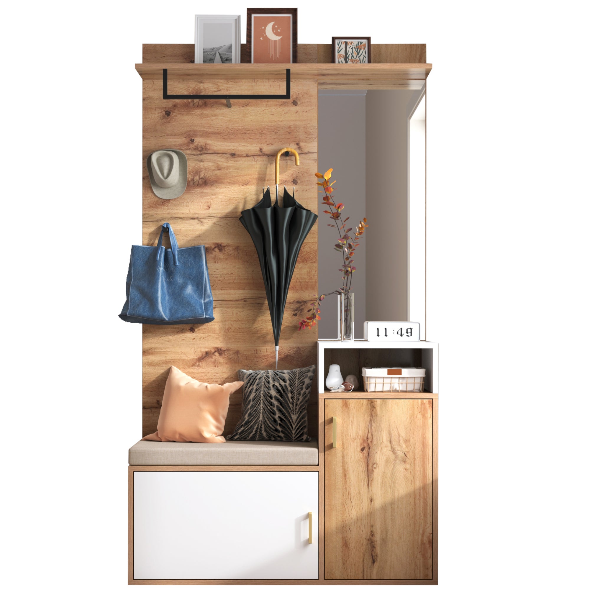 Elegante conjunto de armario blanco y madera con espejo,zapatero,perchero de pared,banco y ganchos (este no es un producto de una sola pieza,se requie