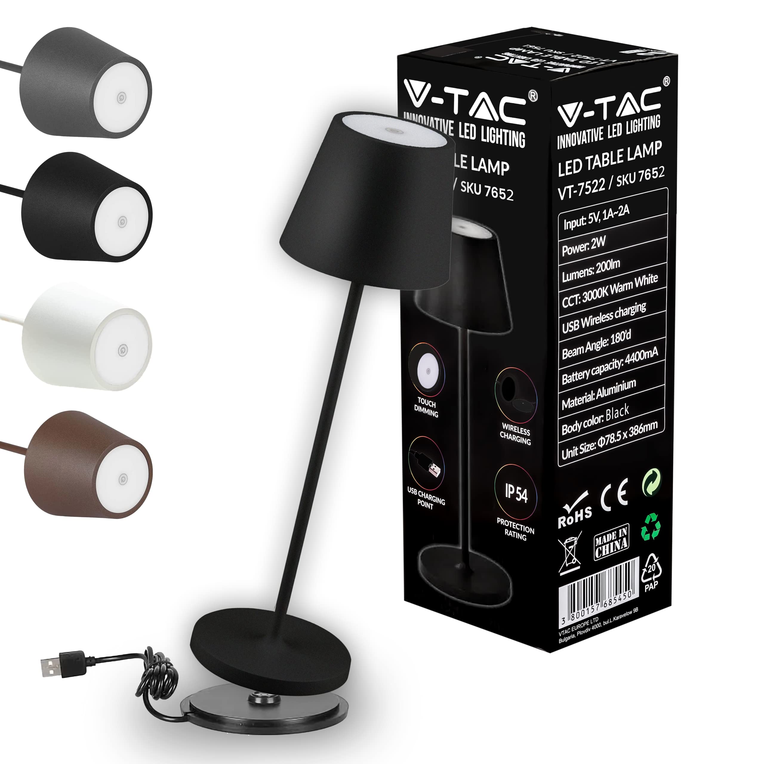 Lampada Da Tavolo LED Wireless 5500mAh - IP54 Portabile Per Interni/Esterni - 3 Temperature E Dimmerabile - Nero - 3