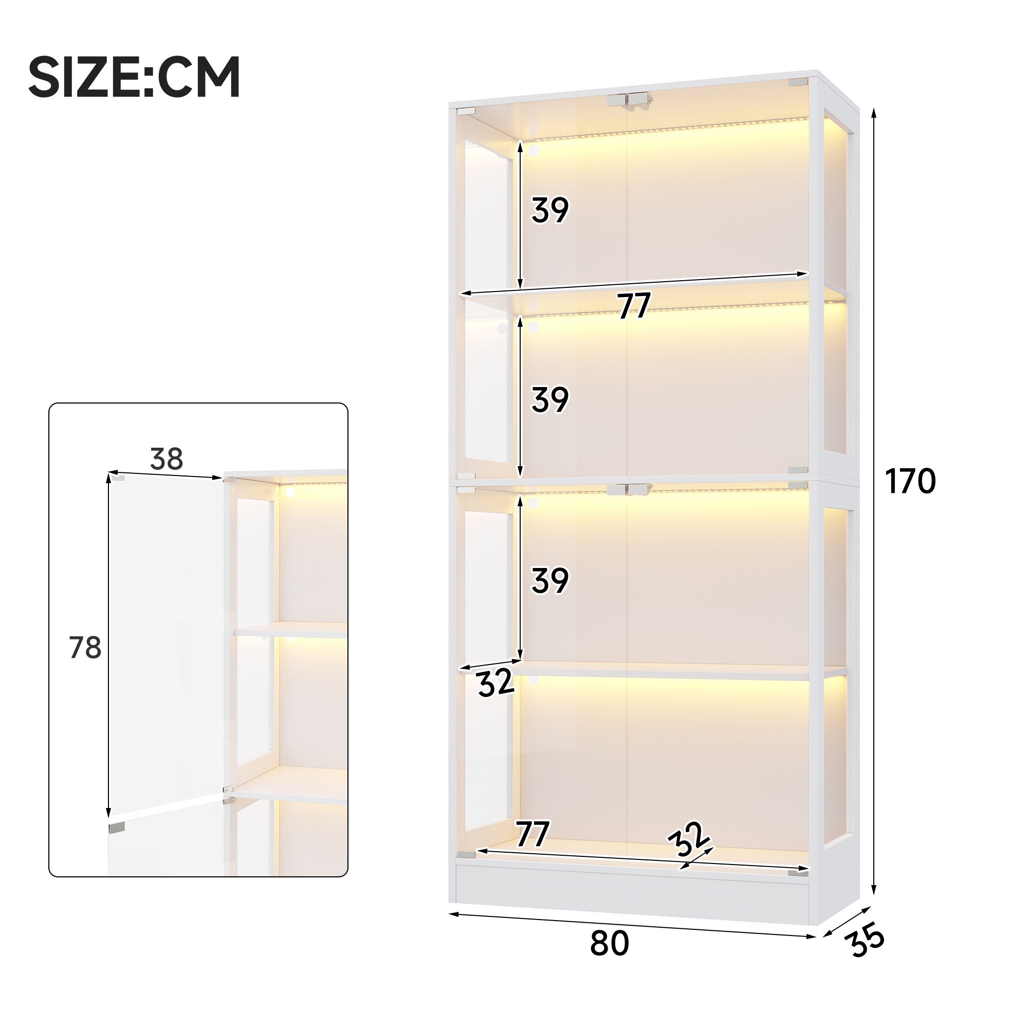 Witryna z 4 drzwiami - 80 x 35 x 170 cm - Płyta MDF i szkło - Uchwyty metalowe - Oświetlenie LED sterowane za pomocą aplikacji - Biały - 6
