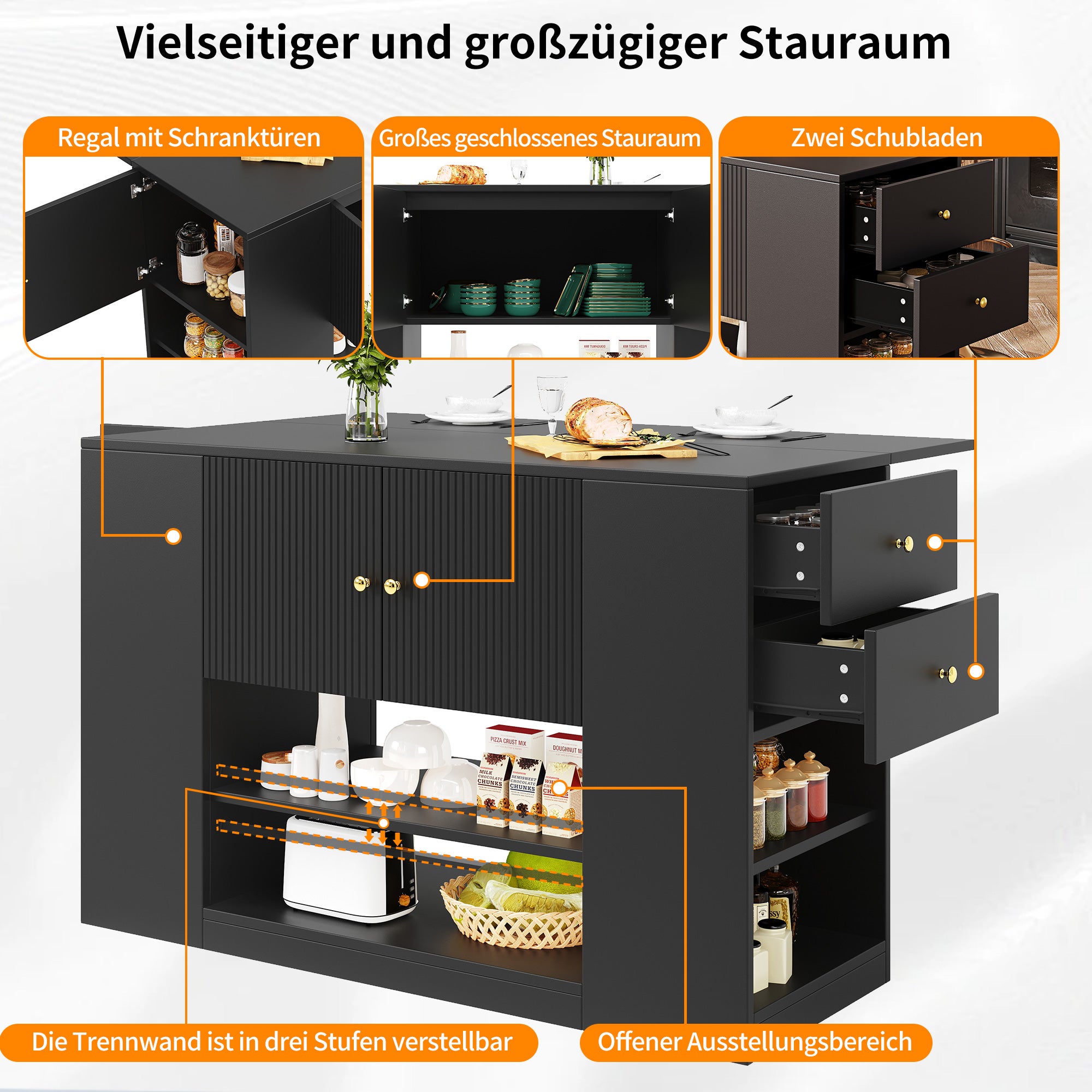 Ilot central de cuisine avec 3 portes, 2 tiroirs et compartiments ouverts - Plateau extensible - 140x40/70x90 cm - MDF - Noir - 7