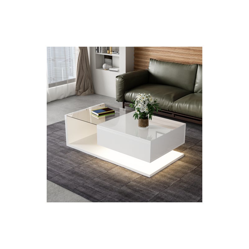 Couchtisch Hochglanz mit Glasplatte und LED Beleuchtung, Moderner Beistelltisch mit Ablagefach 105x55 cm dla Wohnzimmer