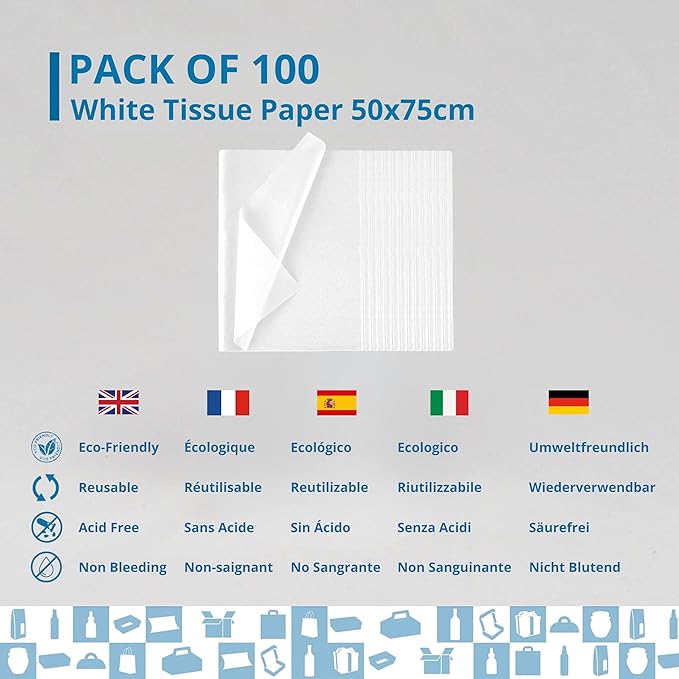 Papier de soie blanc 50x75 cm – Pack 100 feuilles pour emballages cadeaux, déco florale, pompons et créations artisanales - 5