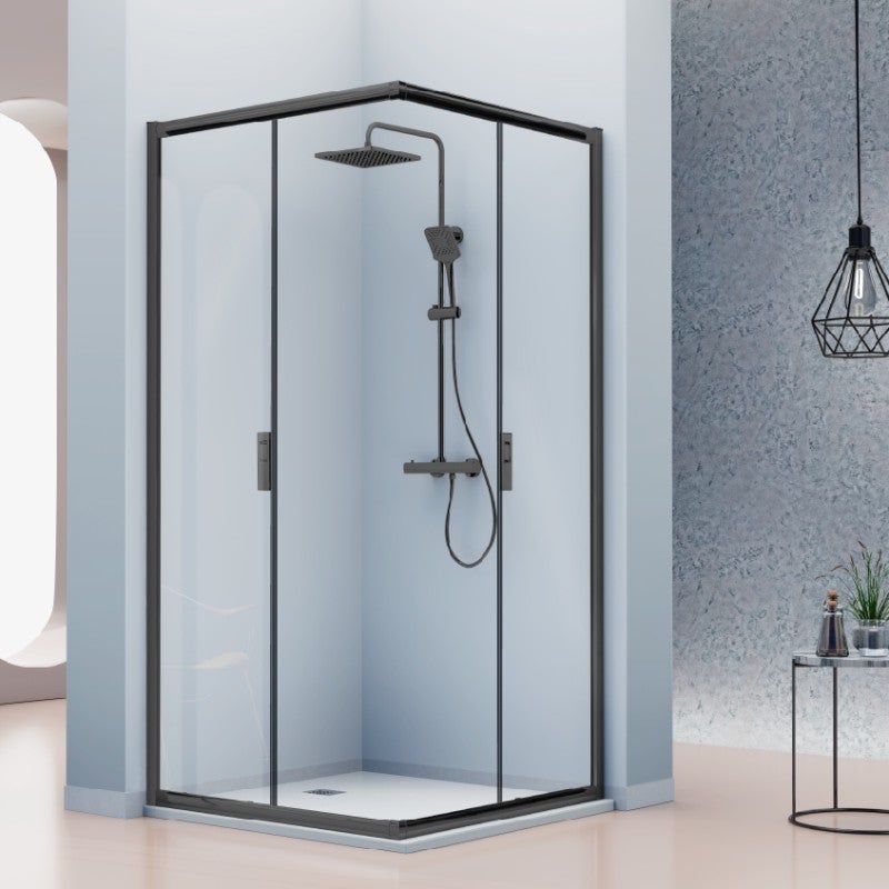Mampara de ducha angular para espacios reducidos siena 90x70 | ancho 86,5-88,5 x fondo 66,5-68,5 | negro mate altura 195 cm