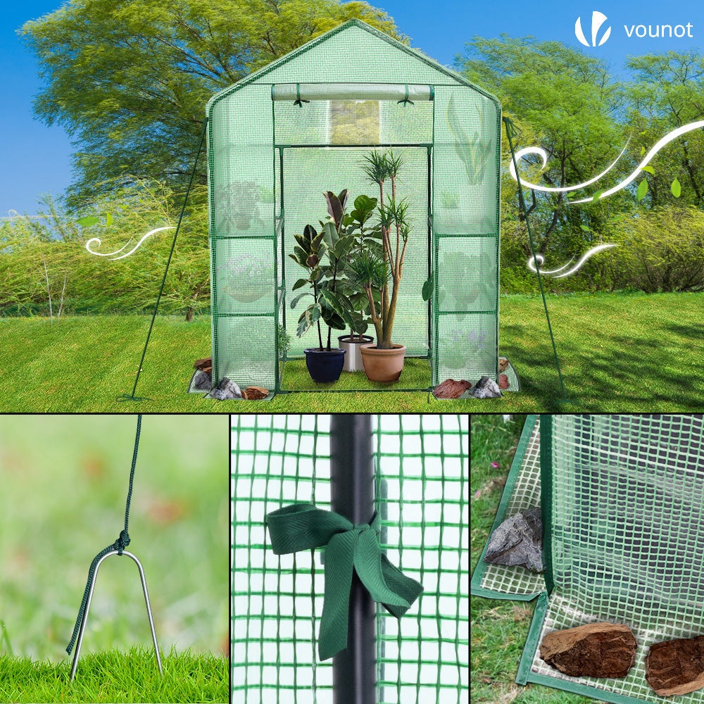Serre de jardin avec étagères 143x73x195cm vert - bâche renforcée 135g/m², fenêtre moustiquaire, porte enroulable zippée - VOUNOT® - 7