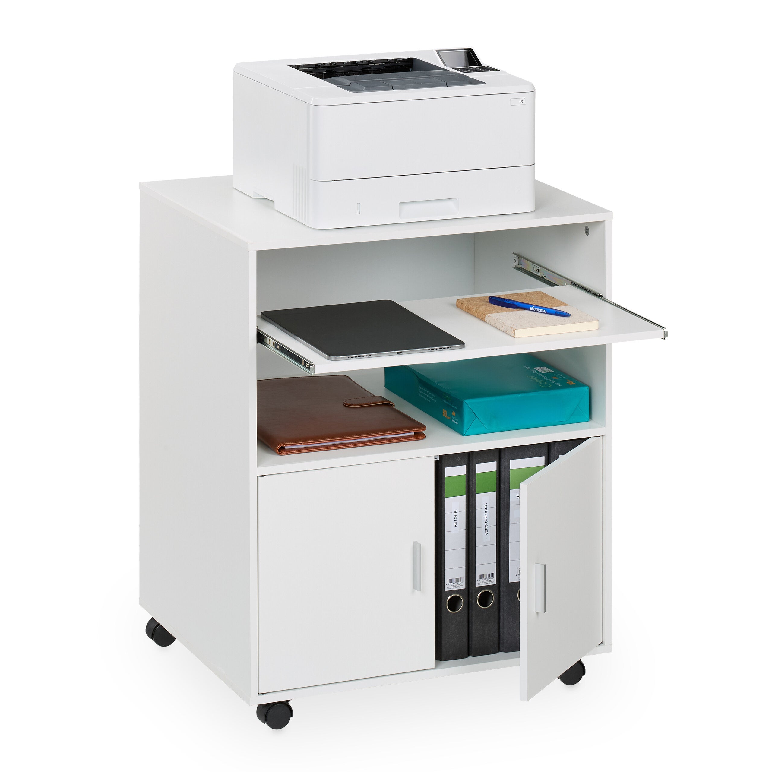 Relaxdays  Mesa Impresora Con 2 Cajones Y Bandeja Para Teclado, Cajonera Oficina Con Ruedas, 74 X 60 X 48 Cm, Blanco , Leroy Merlin