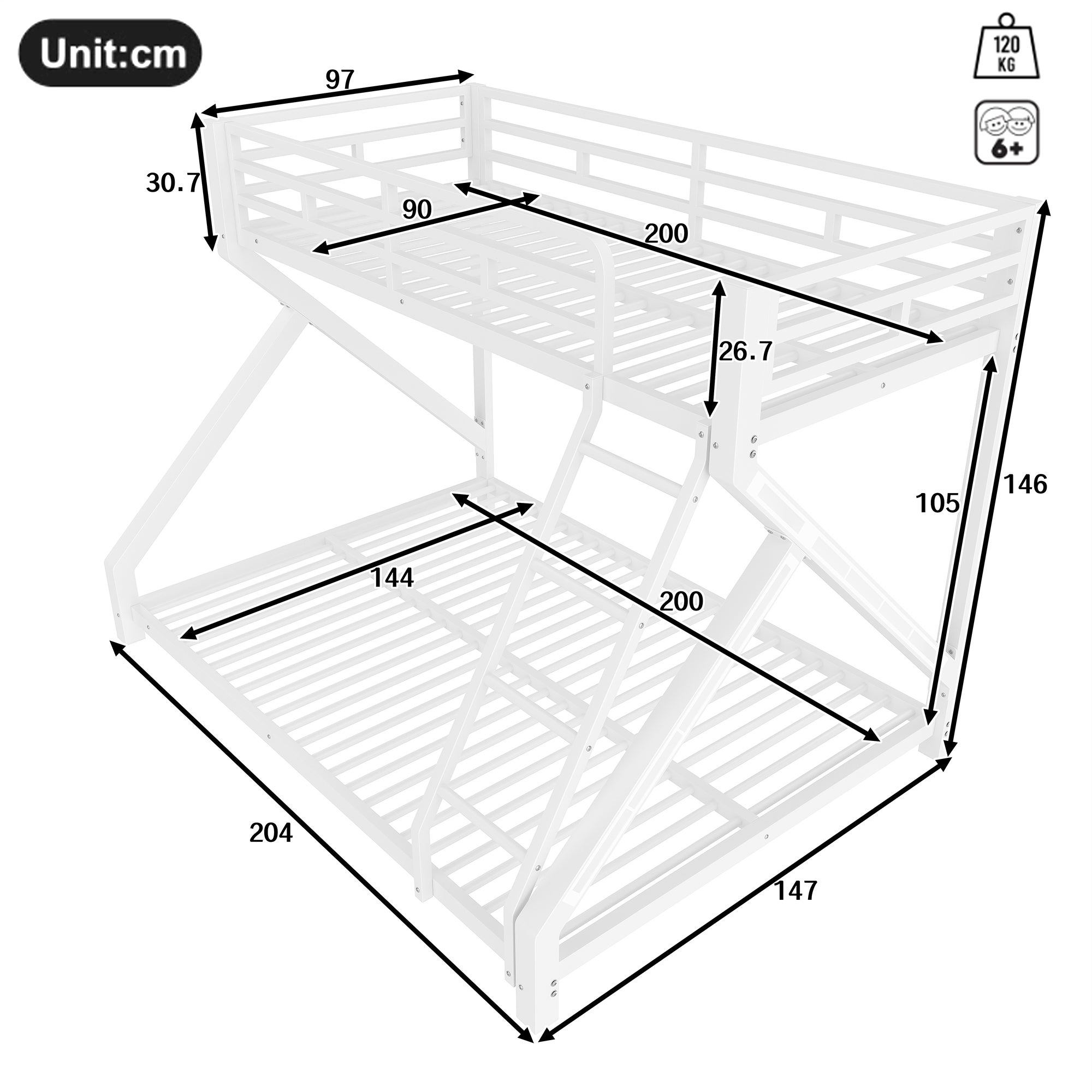 Łóżka piętrowe 90 x 200 cm + 140 x 200 cm z drabinką i diodami LED - Stelaż żelazny - Biały (Materac nie jest wliczony w cenę) - 7