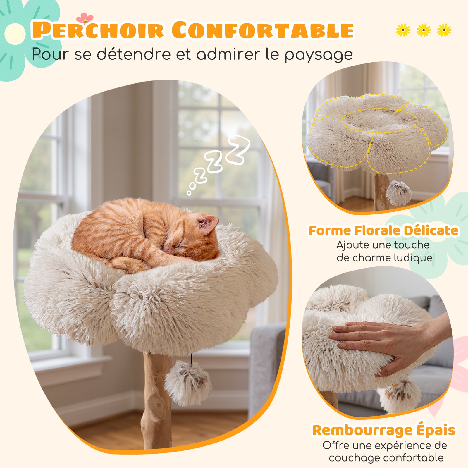 Arbre a Chat XXL 122 cm, Arbre a Chat en Bois Massif, 2 Paniers en Rotin, 2 Plateformes, Poteau à Griffer en Jute, Tour pour Chaton, Pompon Suspendu - 6