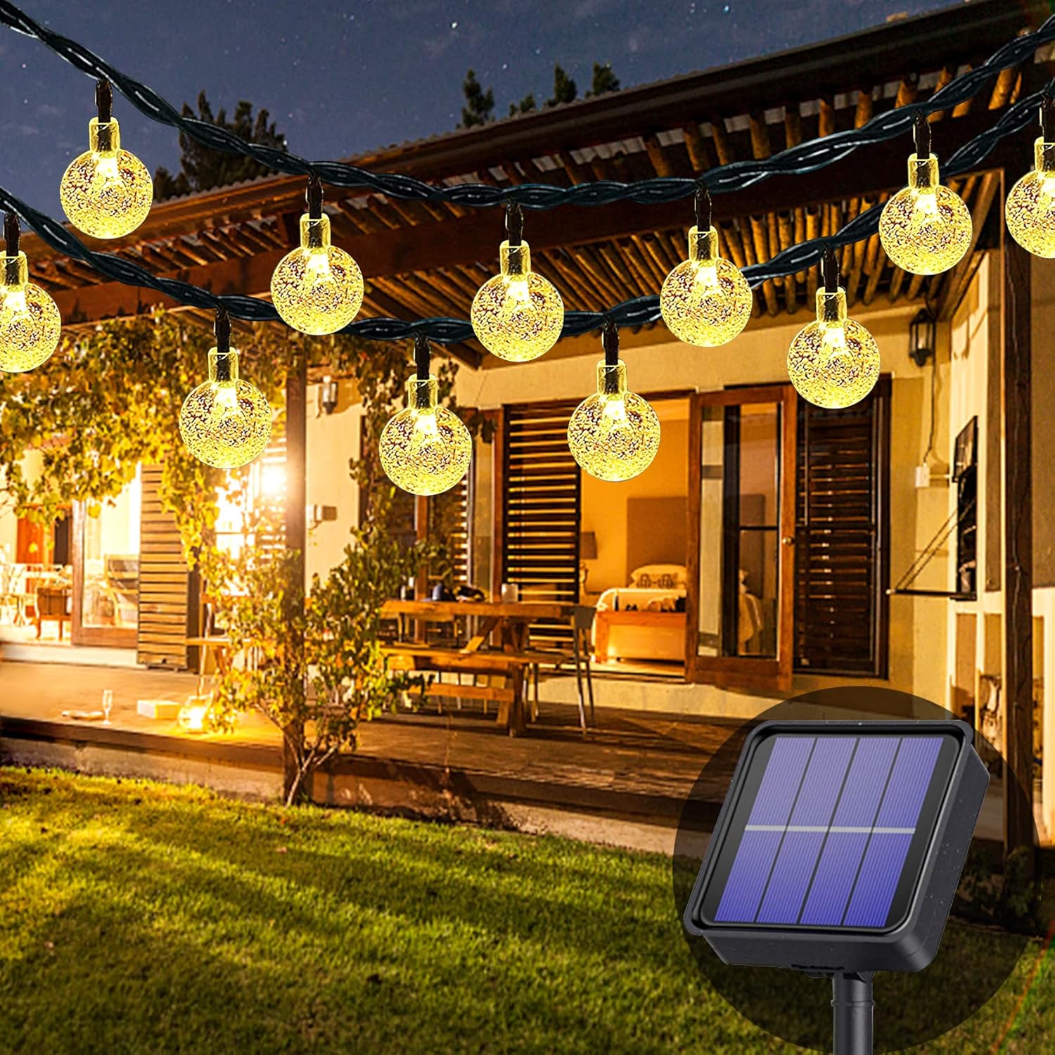 Lampki solarne na sznurku, wodoodporne, 50 diod LED, idealne do użytku wewnątrz i na zewnątrz, w ogrodzie i na przyjęciach (ciepłe białe światło)
