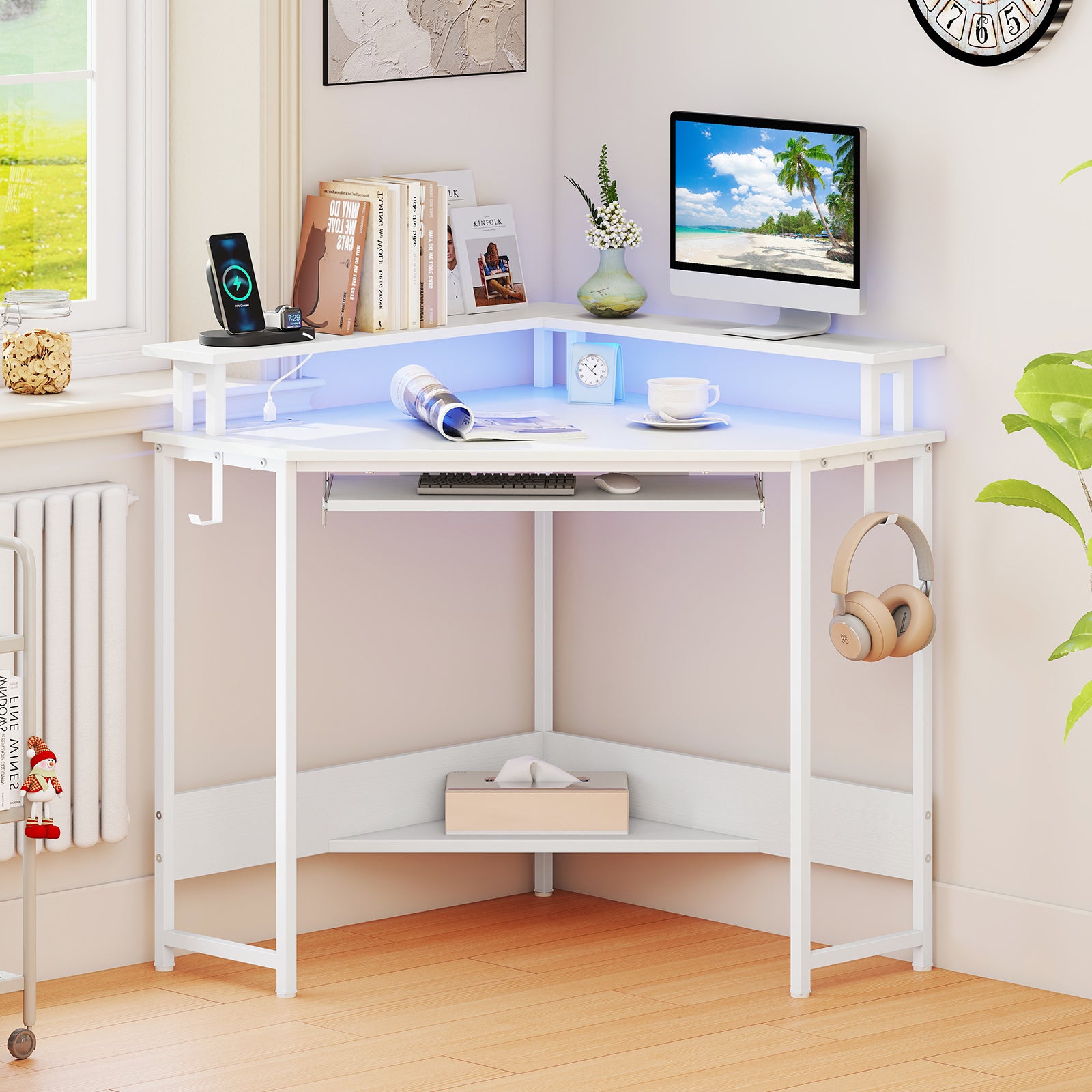 Bureau d'angle avec Station de Charge, Bureau Gaming avec LED, Plateau pour Clavier et Support pour Écran, pour Petits Espaces, Blanc - 2