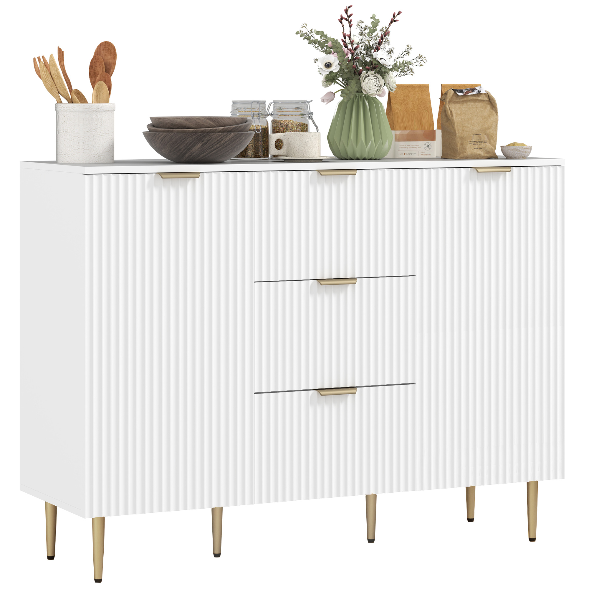 Mueble de cocina con 3 cajones, estantes ajustables y puertas acanaladas, 120 x 40 x 90 cm, blanco.