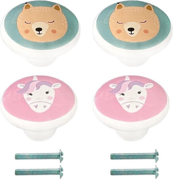 Set de 2 mânere de ușă din ceramică pentru copii în formă de ursuleț de pluș și unicorn, mânere decorative pentru dormitoare de copii 2buc