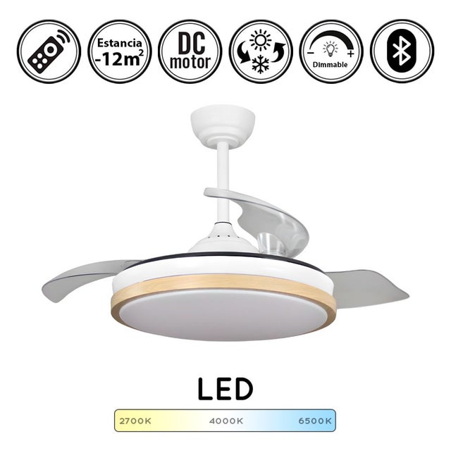 Ventilador de techo con luz silencioso DC con mando Wood S blanco-madera 91 cm invierno-verano color luz regulable