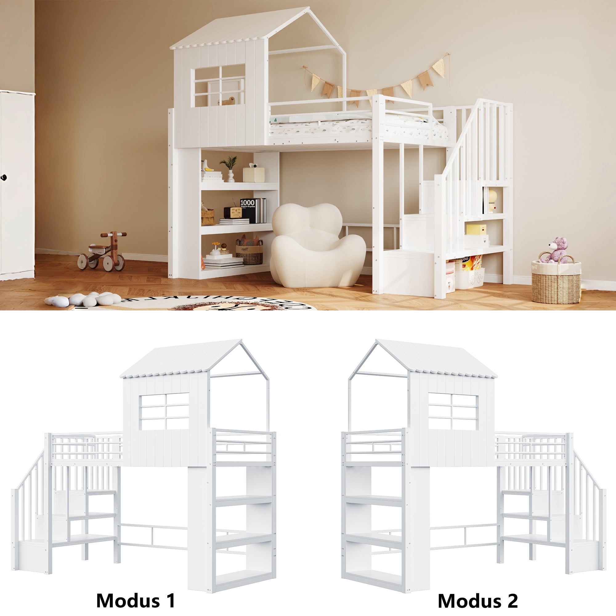 Lit mezzanine 90x200,conception de maison,Lit enfant avec espace de stockage et grille haute protection,Escaliers installables à gauche/droite,Blanc - 6