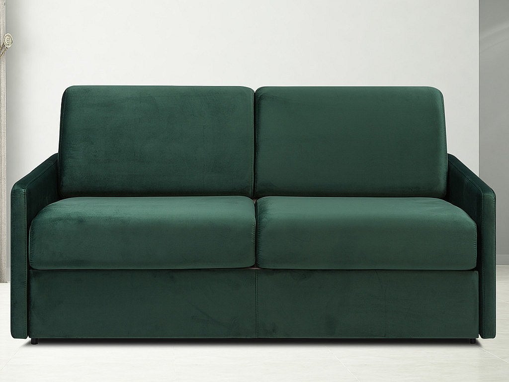 Kanapa 3-osobowa rozkładana z weluru CALIFE - Kolor zielony - Łóżko 140 cm - Materac 22 cm z pamięcią kształtu