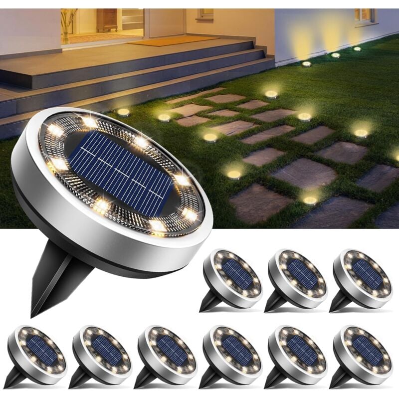Zestaw 10 solarnych lamp podłogowych, 8 solarnych lamp zewnętrznych LED, wodoodporne lampy solarne IP65, trawnik, taras, ciepła biel
