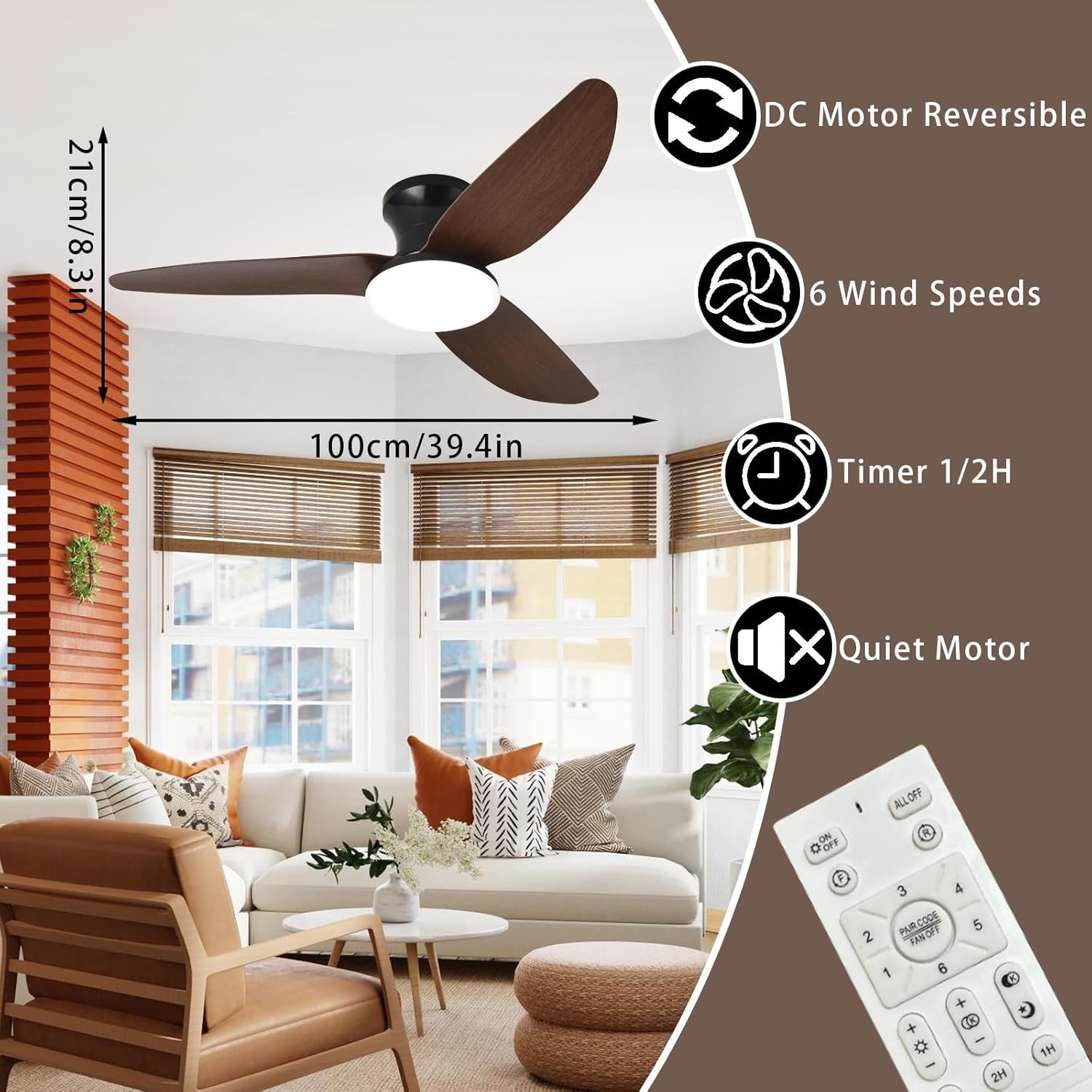 Ventilateur de plafond 100 cm avec lumière, télécommande/contrôle par application, gradation continue, 6 vitesses de vent, minuterie, réversible - 4