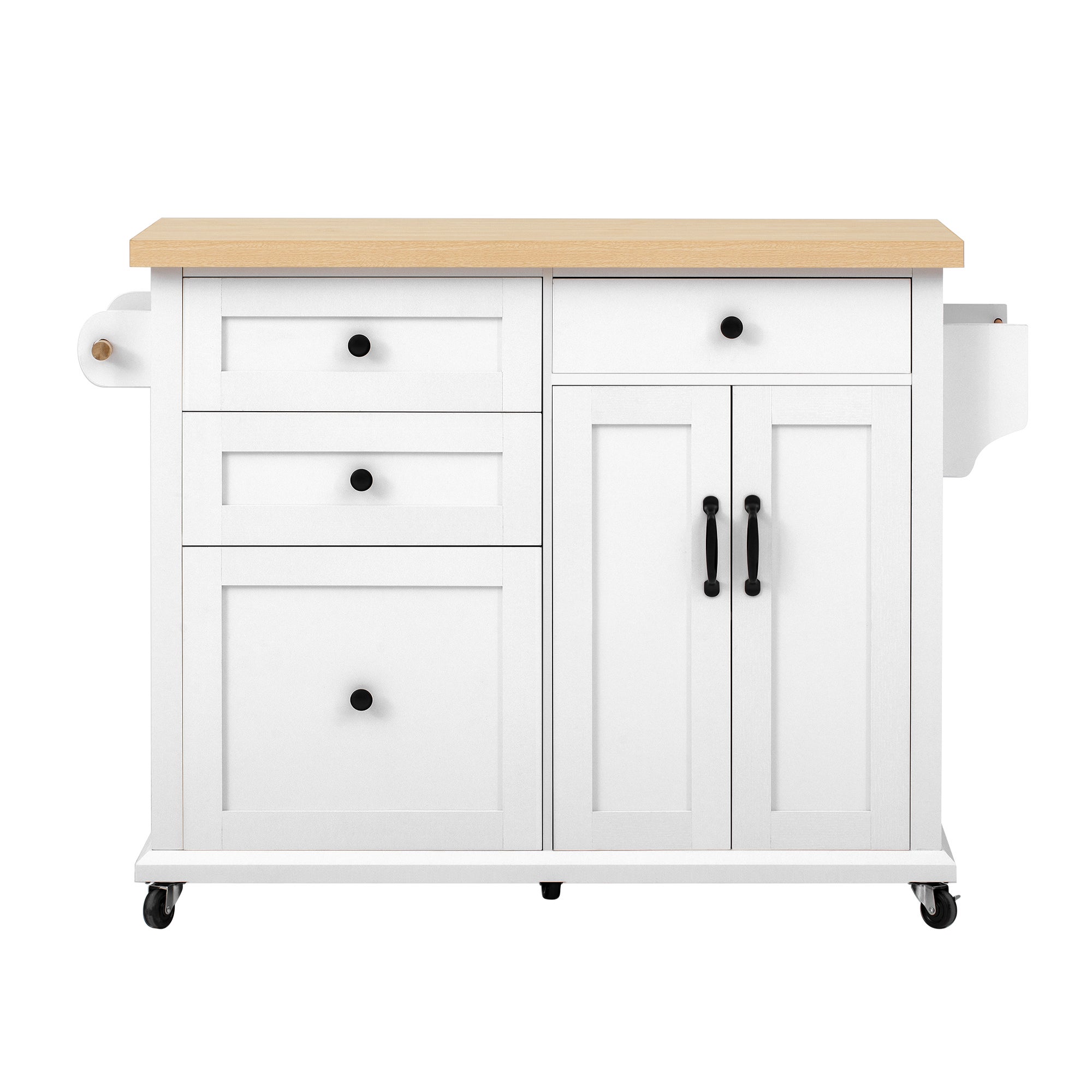Mobilna wyspa kuchenna z 3 szufladami i 3 drzwiami - 107 x 45/70 x 90 cm - MDF - Rozkładany blat - Biały + naturalny - 9