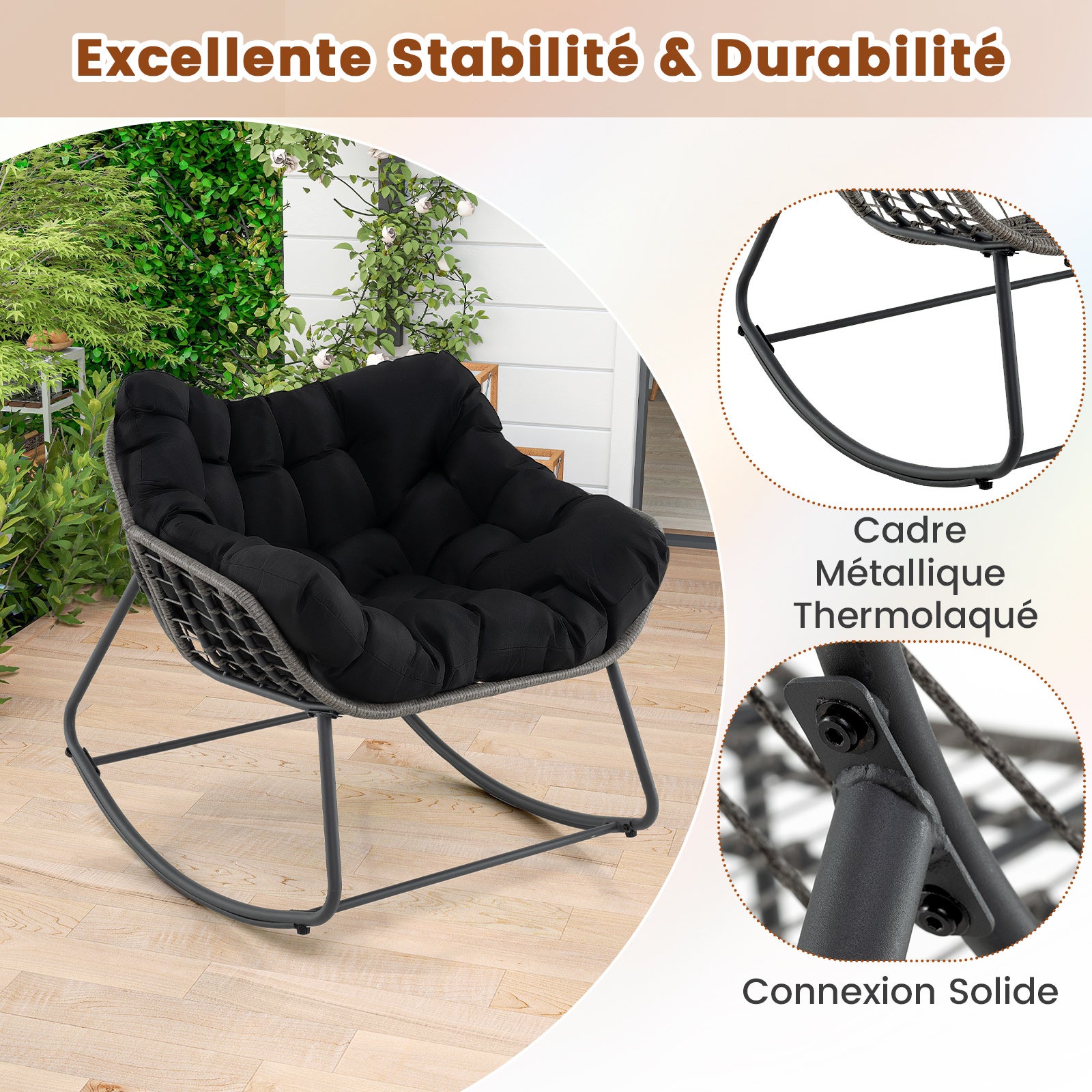 Fauteuil à Bascule d'Extérieur, Fauteuil Œuf Surdimensionné en Osier PE avec Coussin Épais Amovible, 98 x 98 x 87 cm, Charge 150 kg, Noir - 2