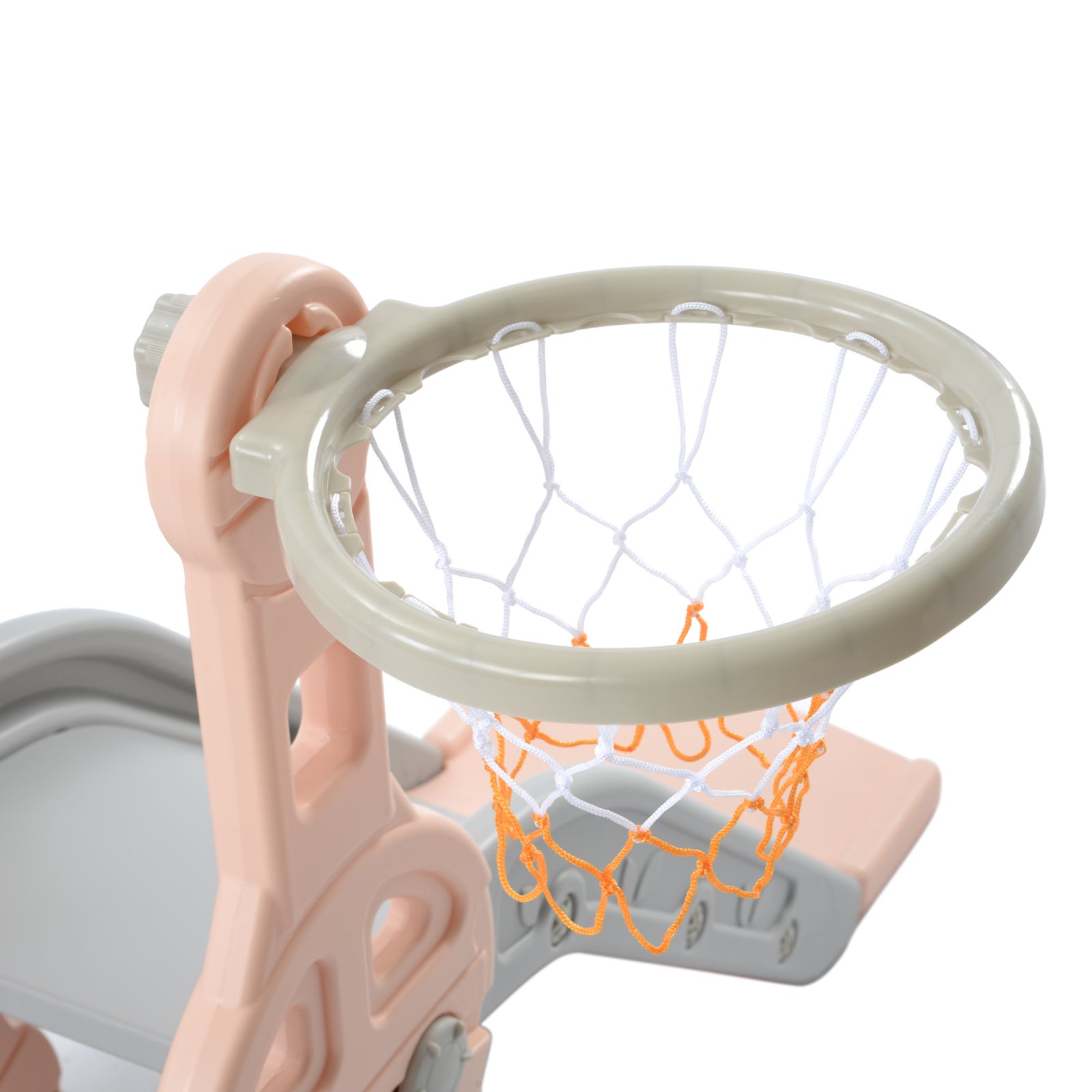 Escorrega infantil 4 em 1 com cesta de basquete - Playground interno e externo, rosa - 6