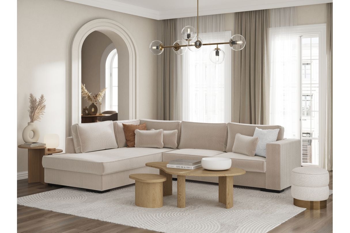 Loungitude - BELAMI - Canapé d'angle XXL 6 places en velours côtelé - Beige - Angle Gauche - 2