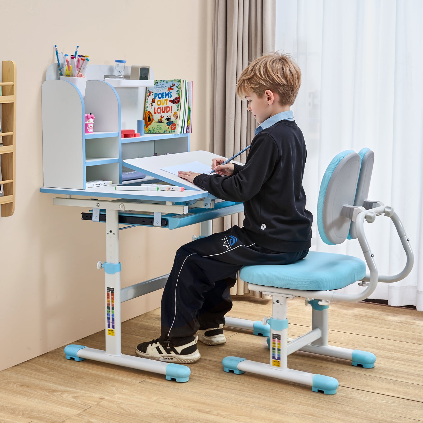 Ensemble Bureau Enfant VEVOR avec Chaise Réglable en Hauteur, Tiroir et Bureau Inclinable 0-40°, Chambre Bleue - 8