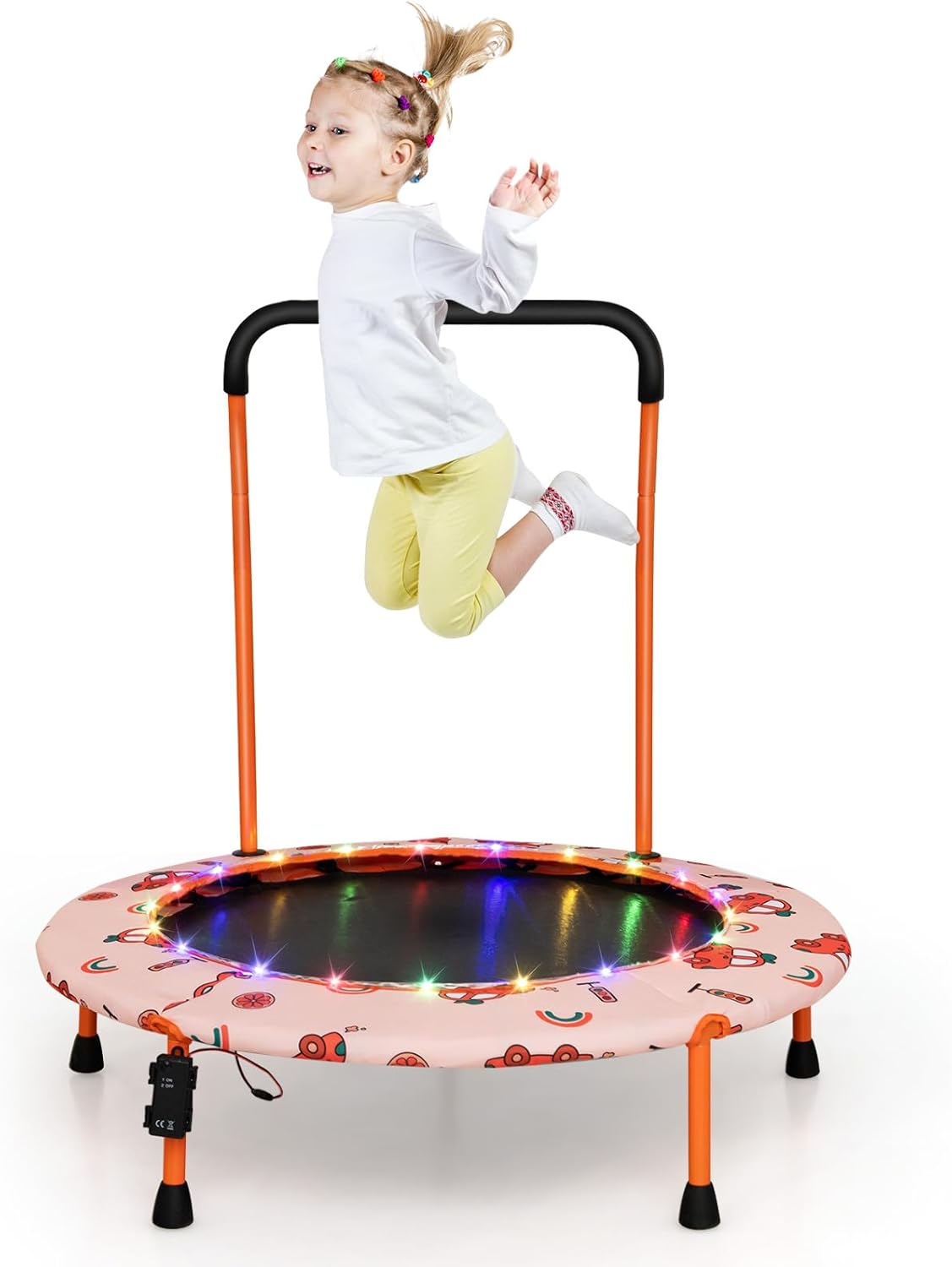 Trampoline Enfant Intérieur 90cm - Avec Lumières LED, Poignée, Pliable, Pour 3-6 Ans