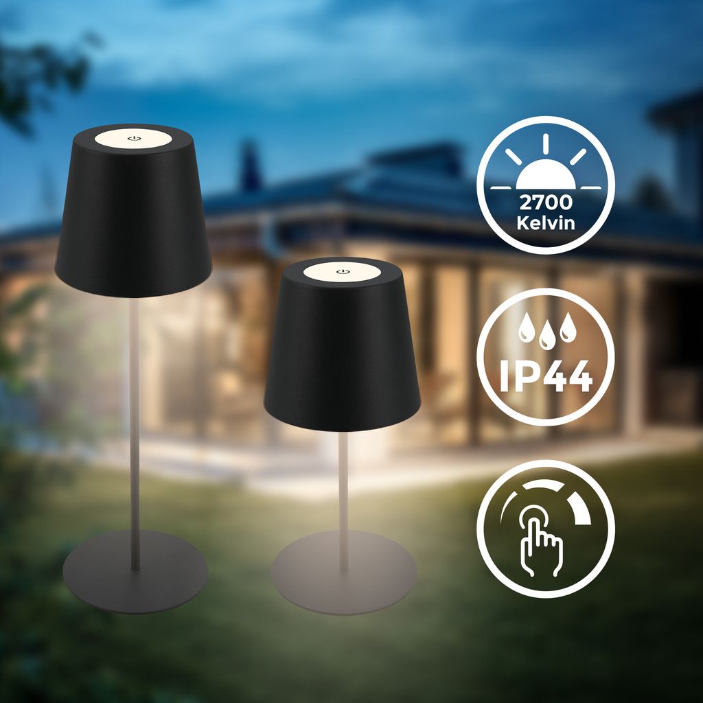 Lampe de table LED rechargeable - IP44 - Touch dimmer 3 niveaux - USB - Noir - 2.700K - autonomie 12h - B.K.Licht - 2