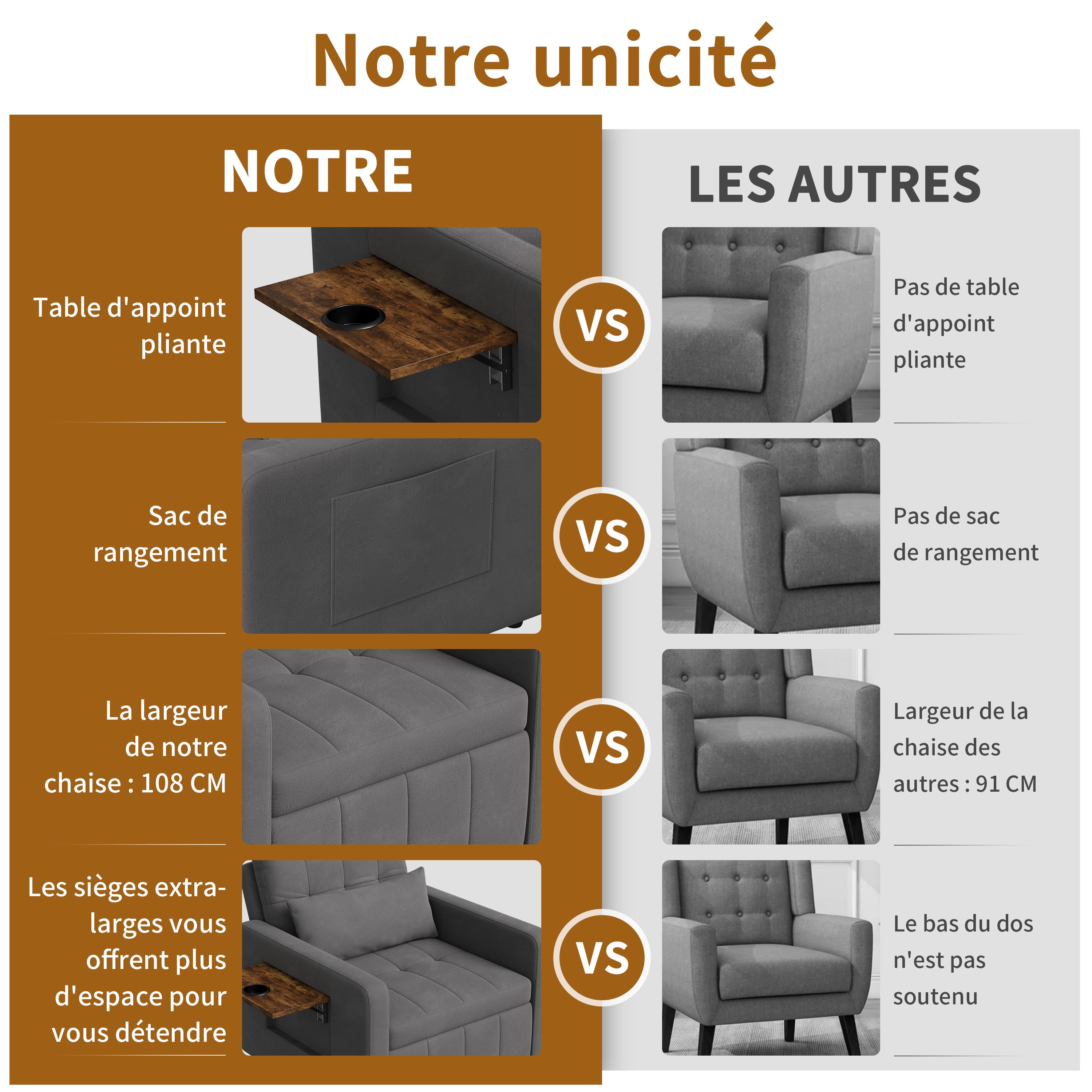 Canapé-lit 1 place pliant - fauteuil - dossier réglable, avec table d'appoint rabattable et poches latérales, tissu chenille - gris - 4