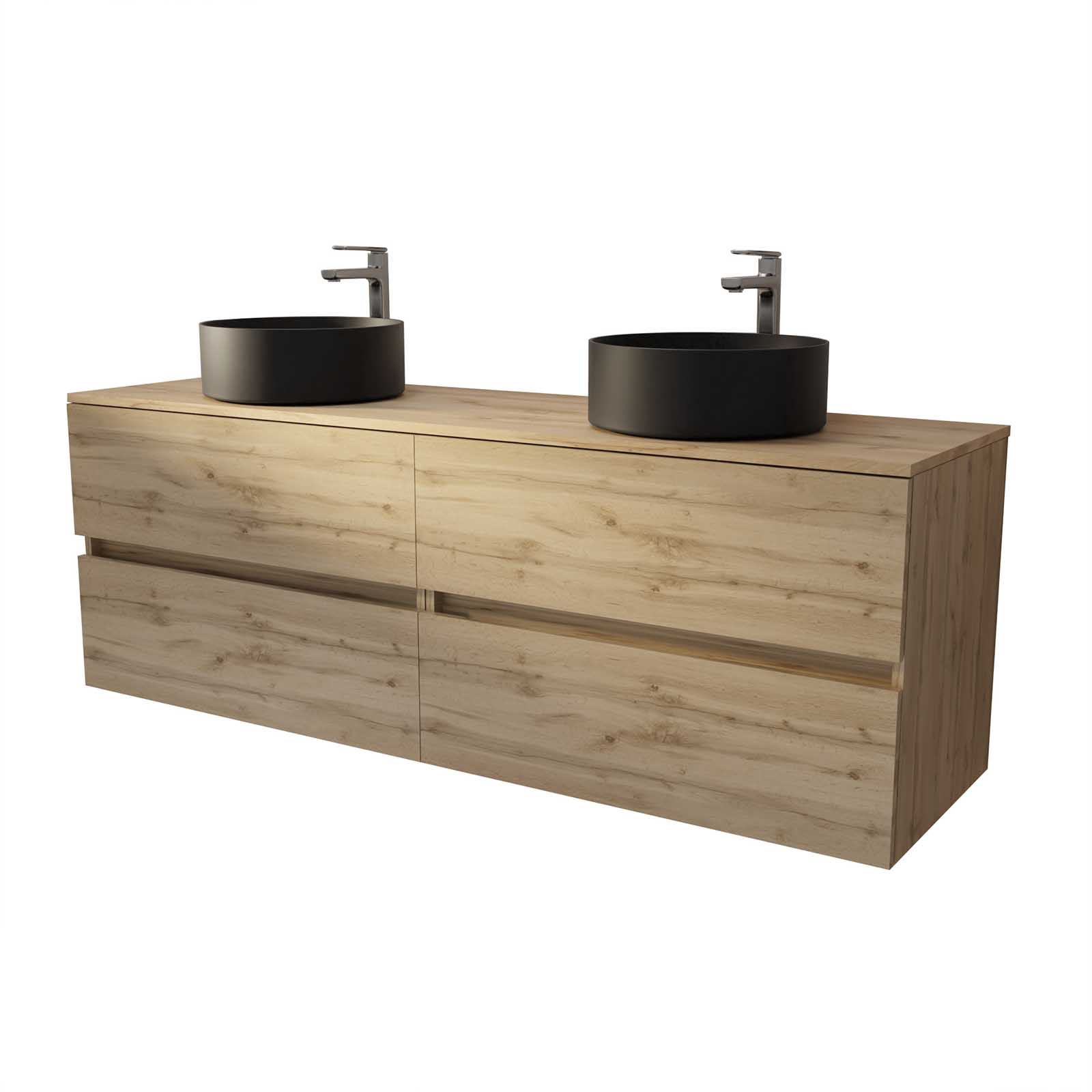 Meuble de salle de bains 160 TIMBER Décor Chêne - 4 Tiroirs - 2 Vasques Rondes Noires - 3