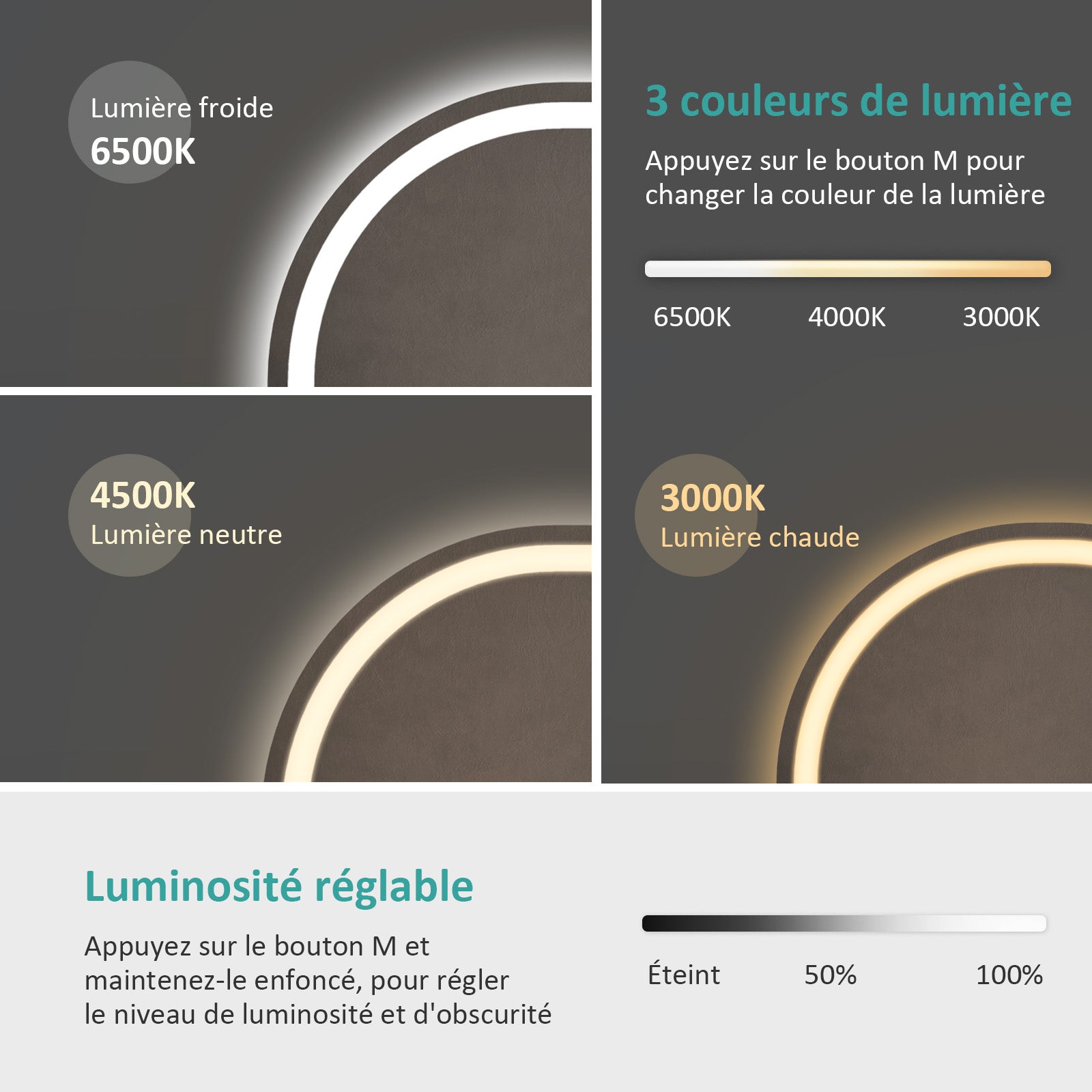 EMKE Owalne Lustro łazienkowe z oświetleniem LED 70x50 cm, z 3 barwy światła, możliwość ściemniania, przeciwmgielne, funkcja pamięci, IP44 - 3