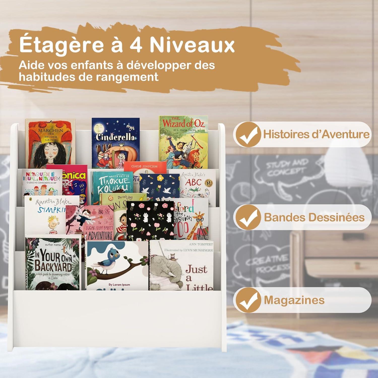Estante infantil em madeira com 4 níveis, estante com compartimentos abertos, expositor Estante para Quarto Infantil (Branco) - 4