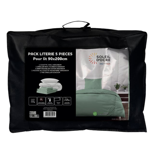 Ensemble couette et parure 5 Pièces BOHEME vert eau pour lit en 90x200 cm, par Soleil d'ocre