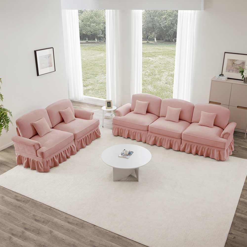 Divano modulare 2 e 3 posti in velluto con gonna removibile, braccioli a imbuto e piedi a forma di fuso, divano versatile e confortevole per soggiorno - 2