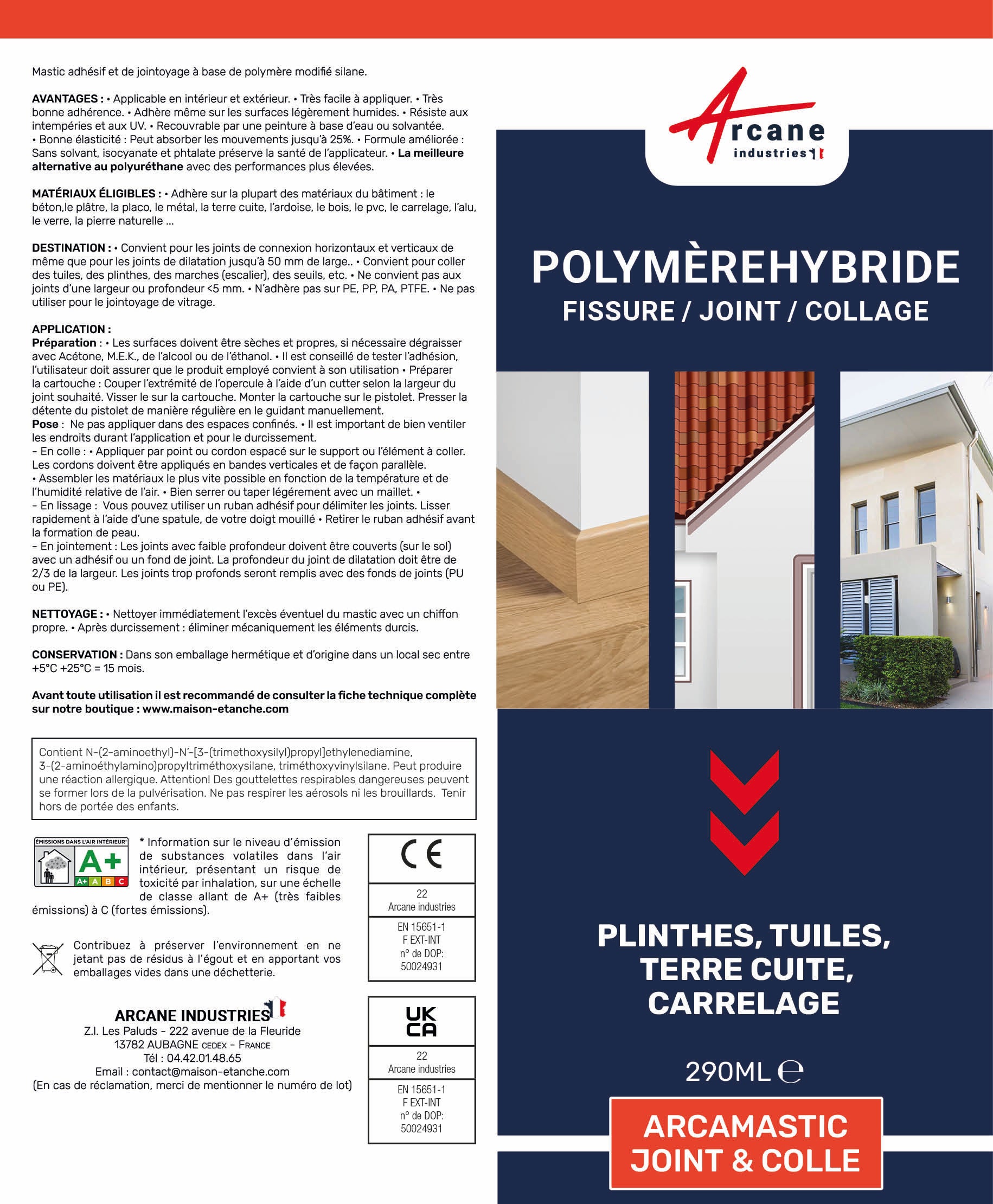Mastic Colle Plinthes bois, carrelages, parquet, marches : ARCAMASTIC JOINT ET COLLE Blanc - 290 ml x 12 - ARCANE INDUSTRIES - 7