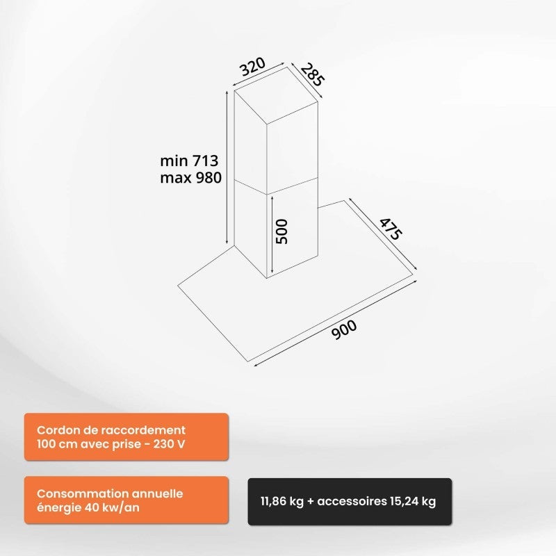 HOTTE DECORATIVE MURALE 90 CM - VERRE ET INOX - 559 m3 - 200W - 60dB - 7