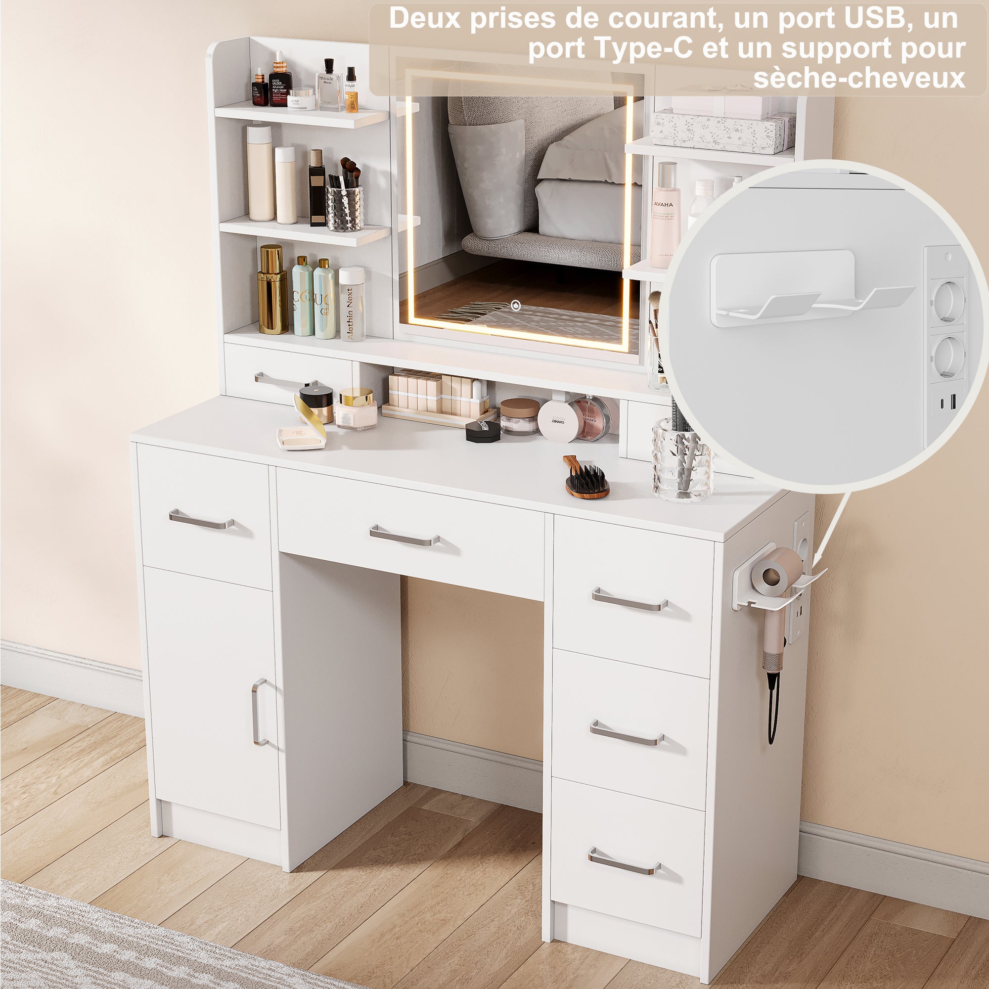 Grande Coiffeuse avec éclairage LED et Miroir, Luminosité Réglable, Coiffeuse avec Prise, 8 Tiroirs et 7 étagère Ouvertes pour Chambre à Coucher Blanc - 6