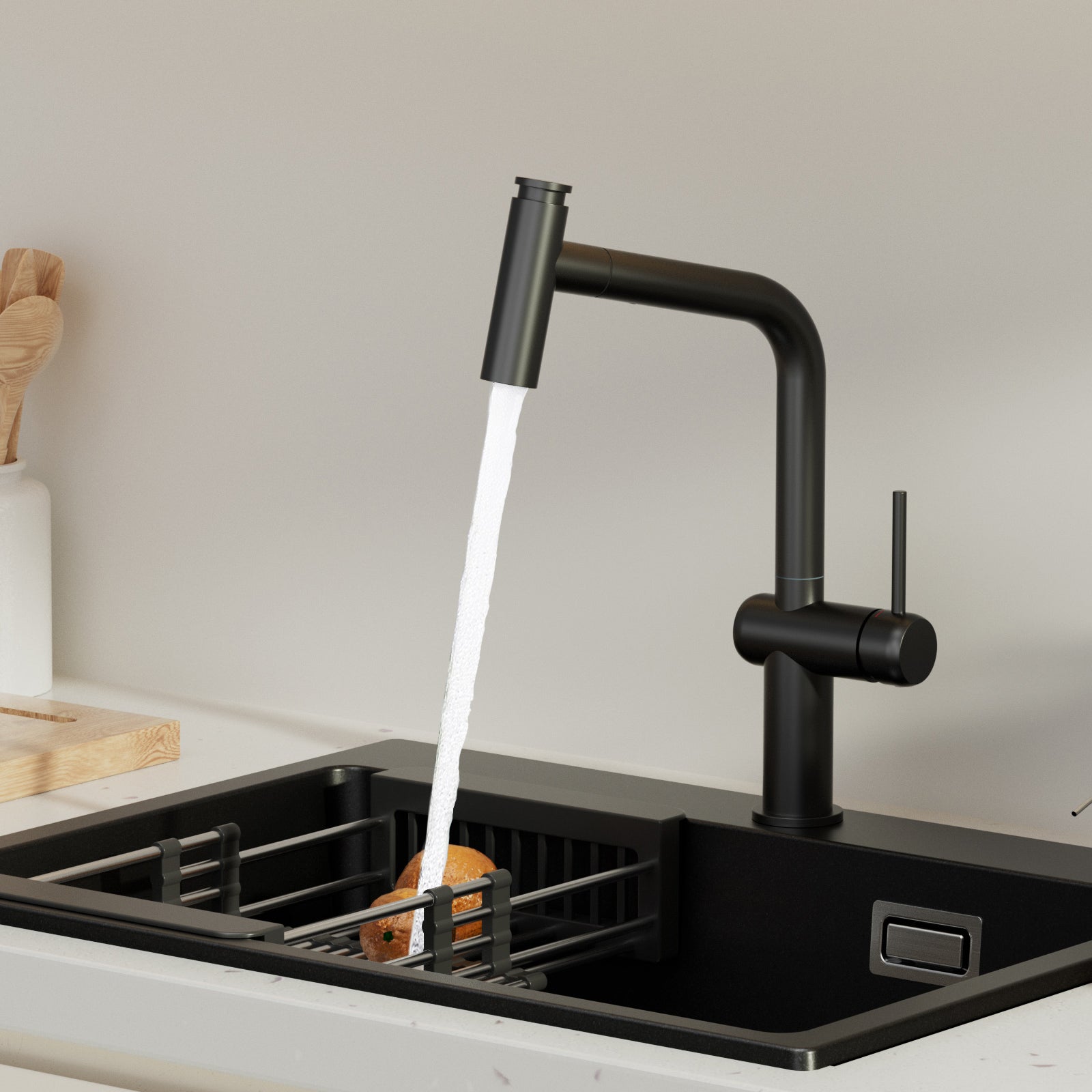 AuraLum Max Évier Cuisine en Granit 55*45*20cm,Kit de Vidage, Evier 1 Bac Noir+Robinet de Cuisine avec Douchette Extractible 2 Fonct - 7