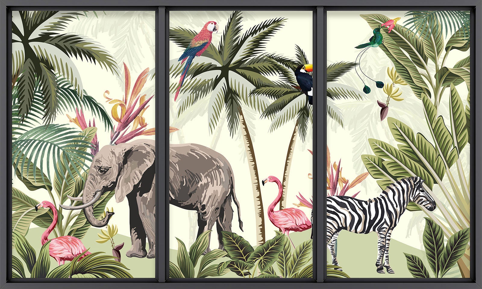 Papier peint panoramique Trompe l'oeil baie vitrée - Enfants - Animaux de la jungle - Largeur 325 cm x Hauteur 195 cm - 2