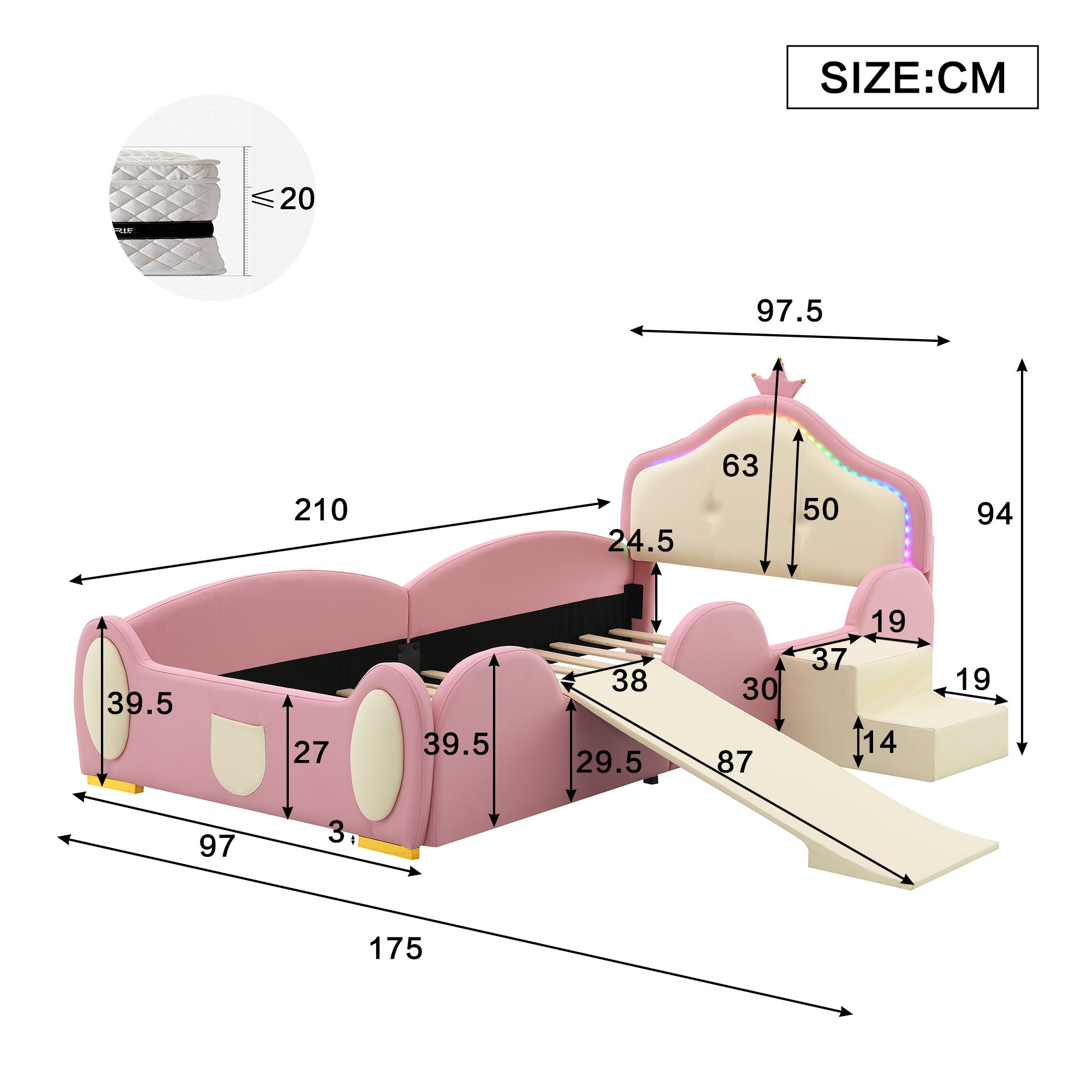 Łóżko dziecięce 90x200cm z ekoskóry z małą zjeżdżalnią i schodami + multikolorowe LED i stelaż na listwach - Beżowe - 8