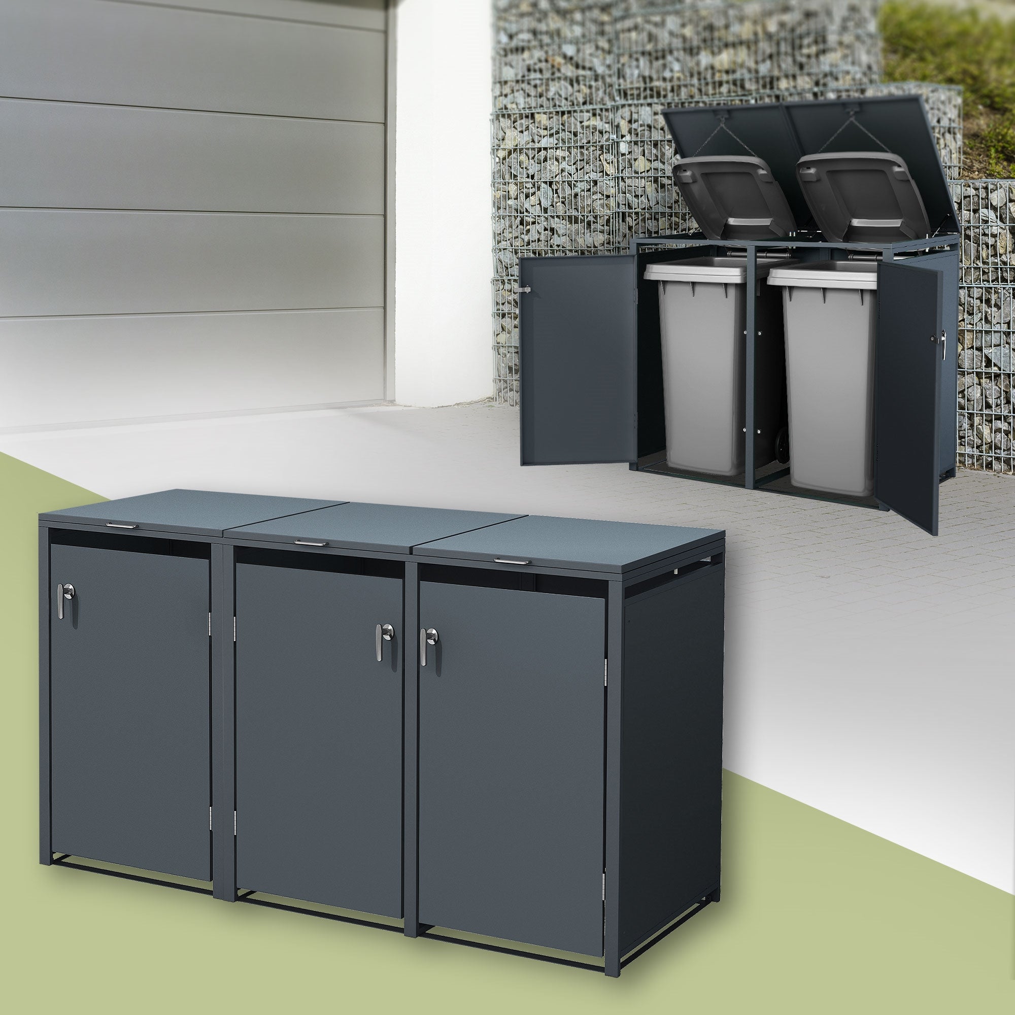 ML-Design pojemnik na śmieci na 3 sztukę 240 L 200x80x116,3 cm antracytowy stalowy zamykany z pokrywą i drzwiczkami na zawiasach odporny na warunki