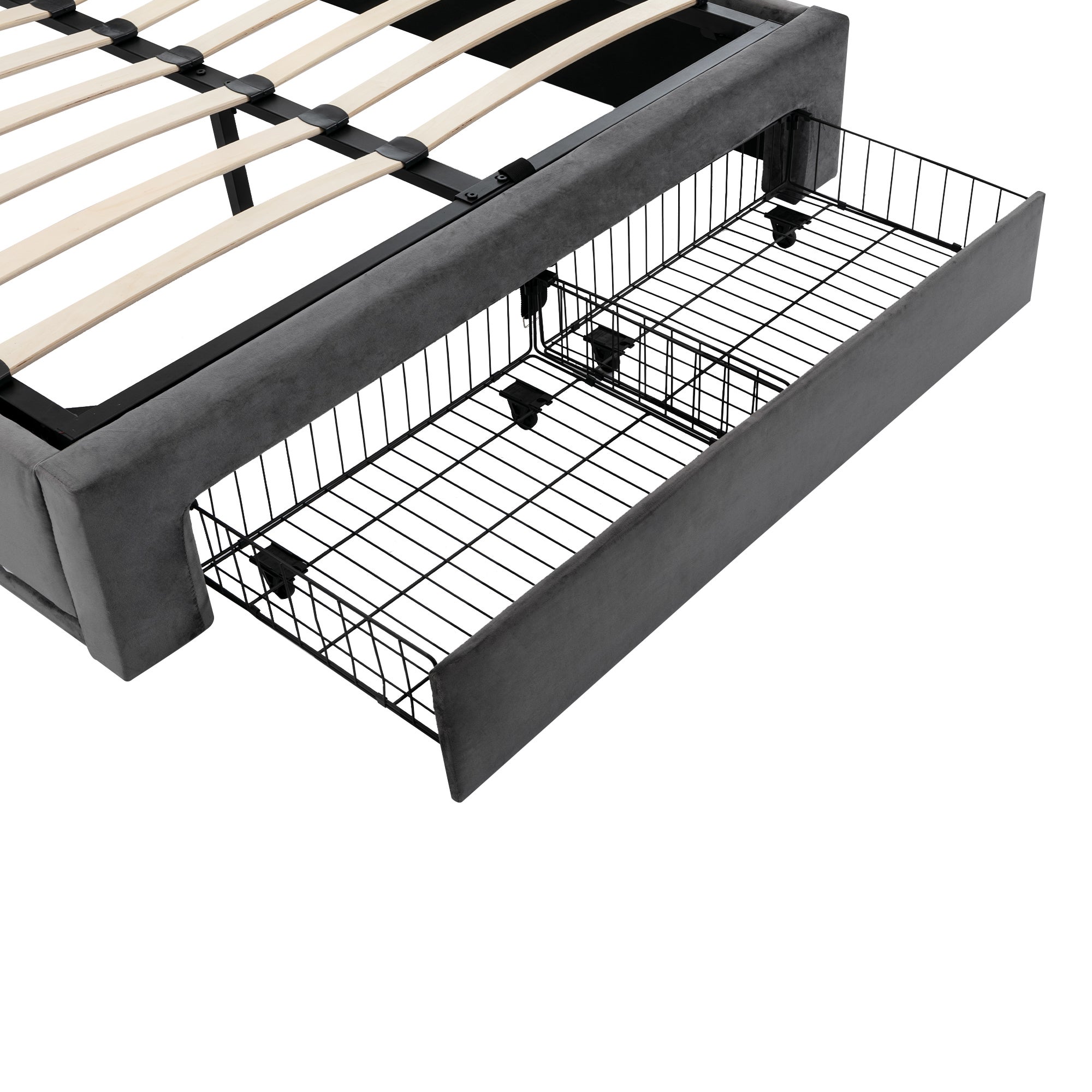 Cama con canapé tapizada en terciopelo - 140x190 cm - 2 cajones a los pies de la cama - Tira de luces LED empotrada a los pies de la cama - Gris - 9