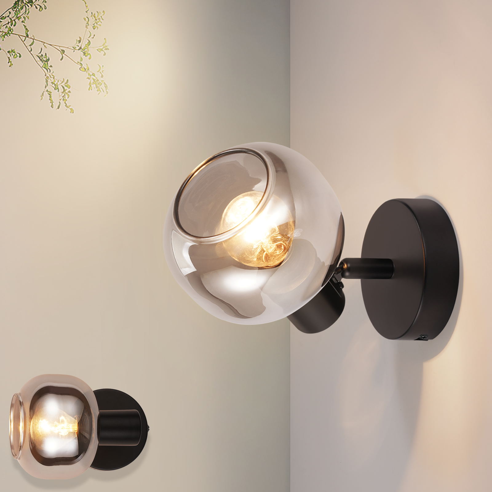 ZMH Lampa sufitowa do salonu, szkło w kolorze przydymionym, obrót o 350°, lampa sufitowa w stylu vintage, kuchnia